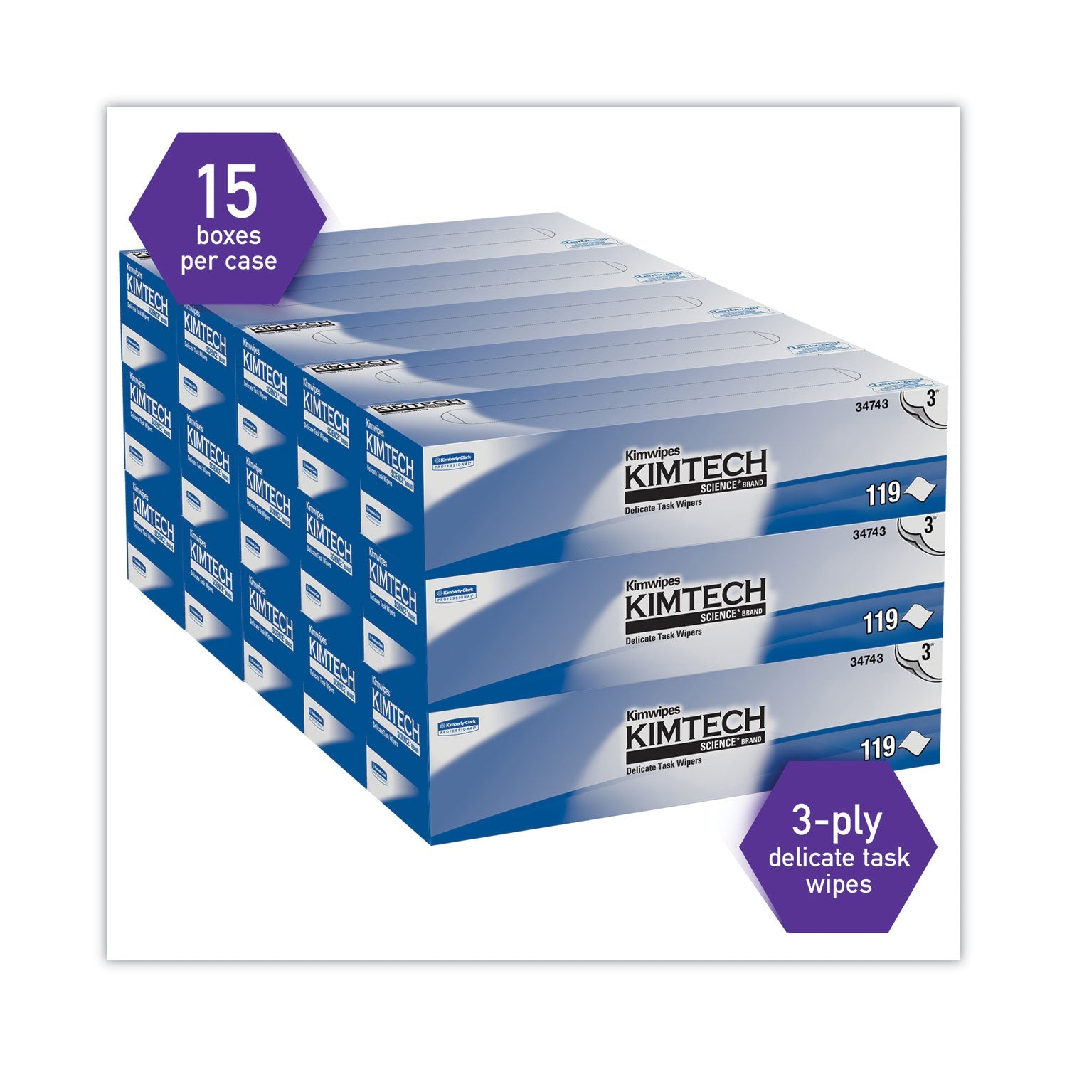 Kimtech™ Kimwipes Delicate Task Wipers, 3-Ply, 11.8 x 11.8, Unscented, White, 100/Box, 15 Boxes/Carton