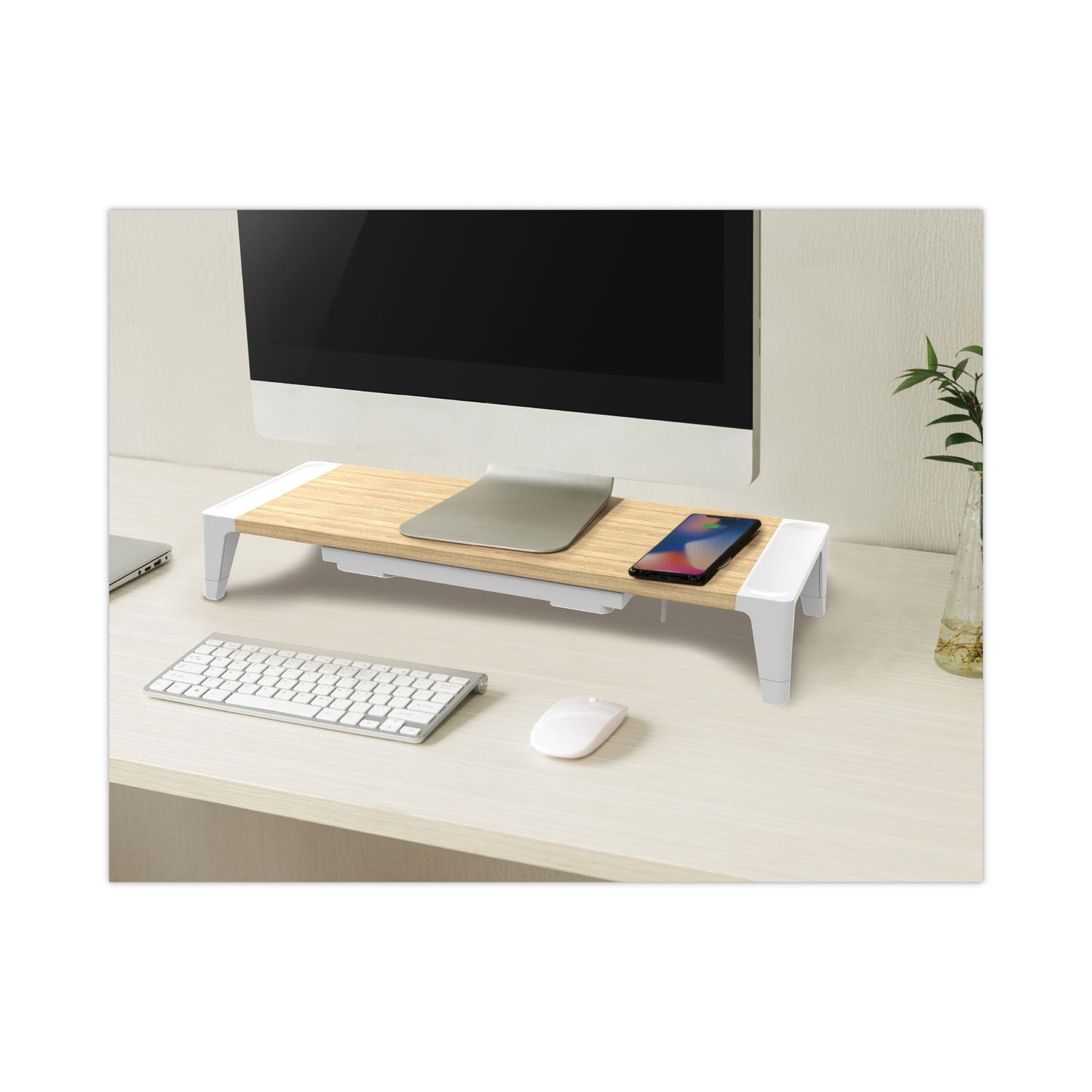 Bostitch® Wooden Monitor Stand with Wireless Charging Pad, 9.8" x 26.77" x 4.13", White - Bloom Skins
