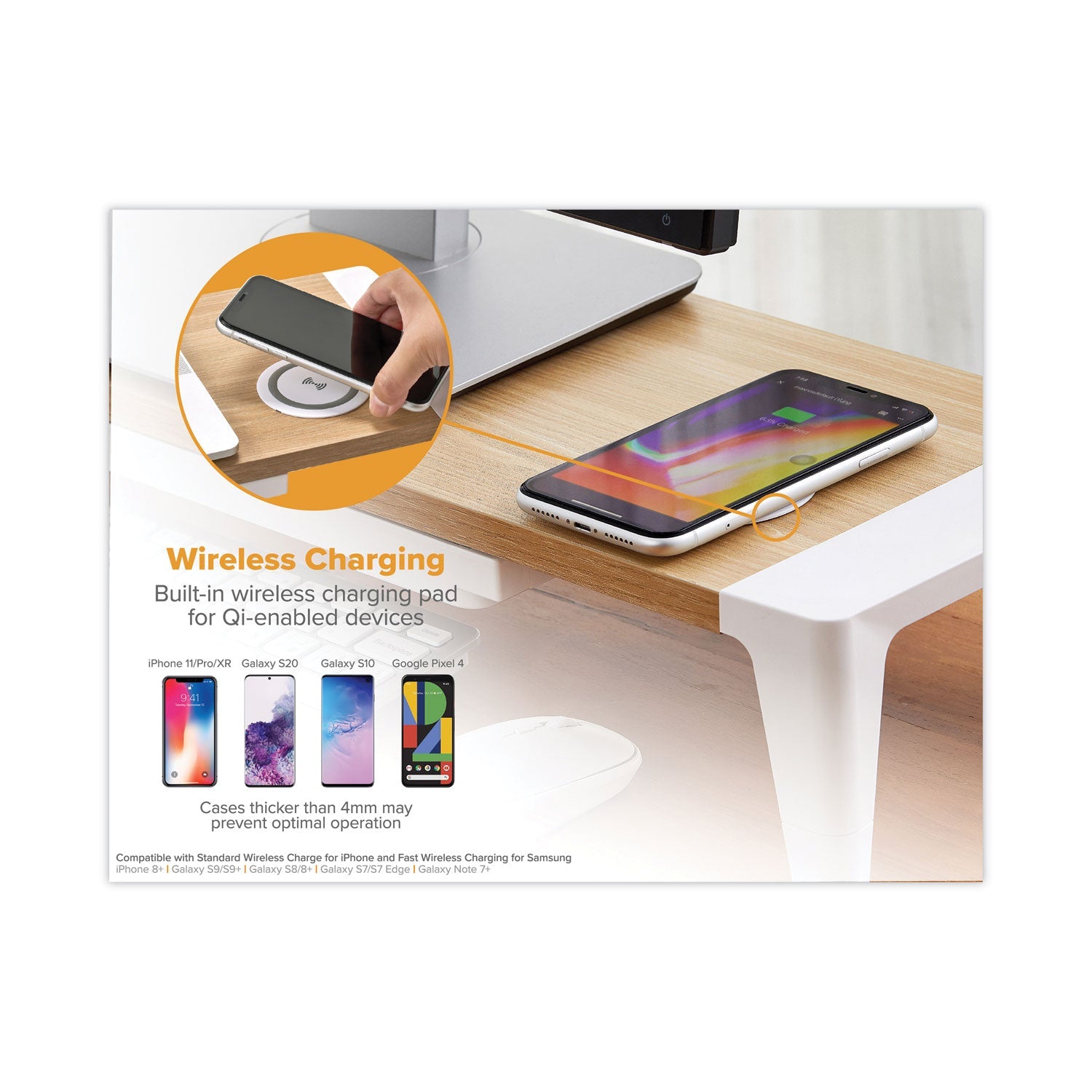 Bostitch® Wooden Monitor Stand with Wireless Charging Pad, 9.8" x 26.77" x 4.13", White - Bloom Skins