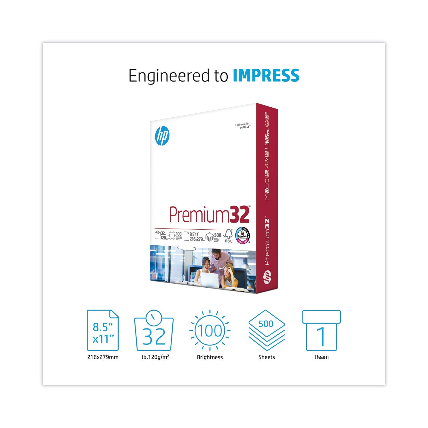 HP Papers Premium32, 100 Bright, 32 lb Bond Weight, 8.5 x 11, Ultra White, 500/Ream