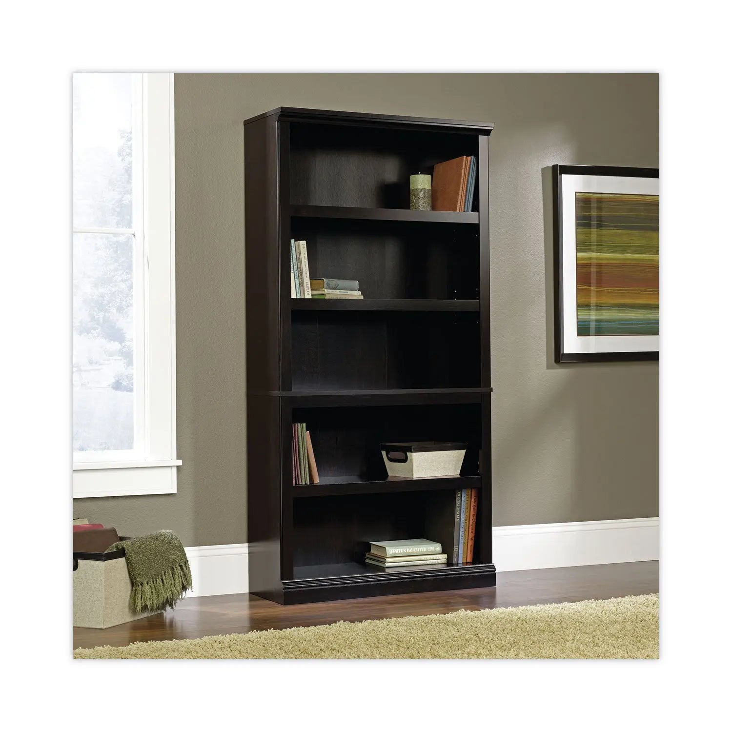 Sauder® Select Collection Bookcase, Five-Shelf, 35.27w x 13.22d x 69.76h, Estate Black - Bloom Skins
