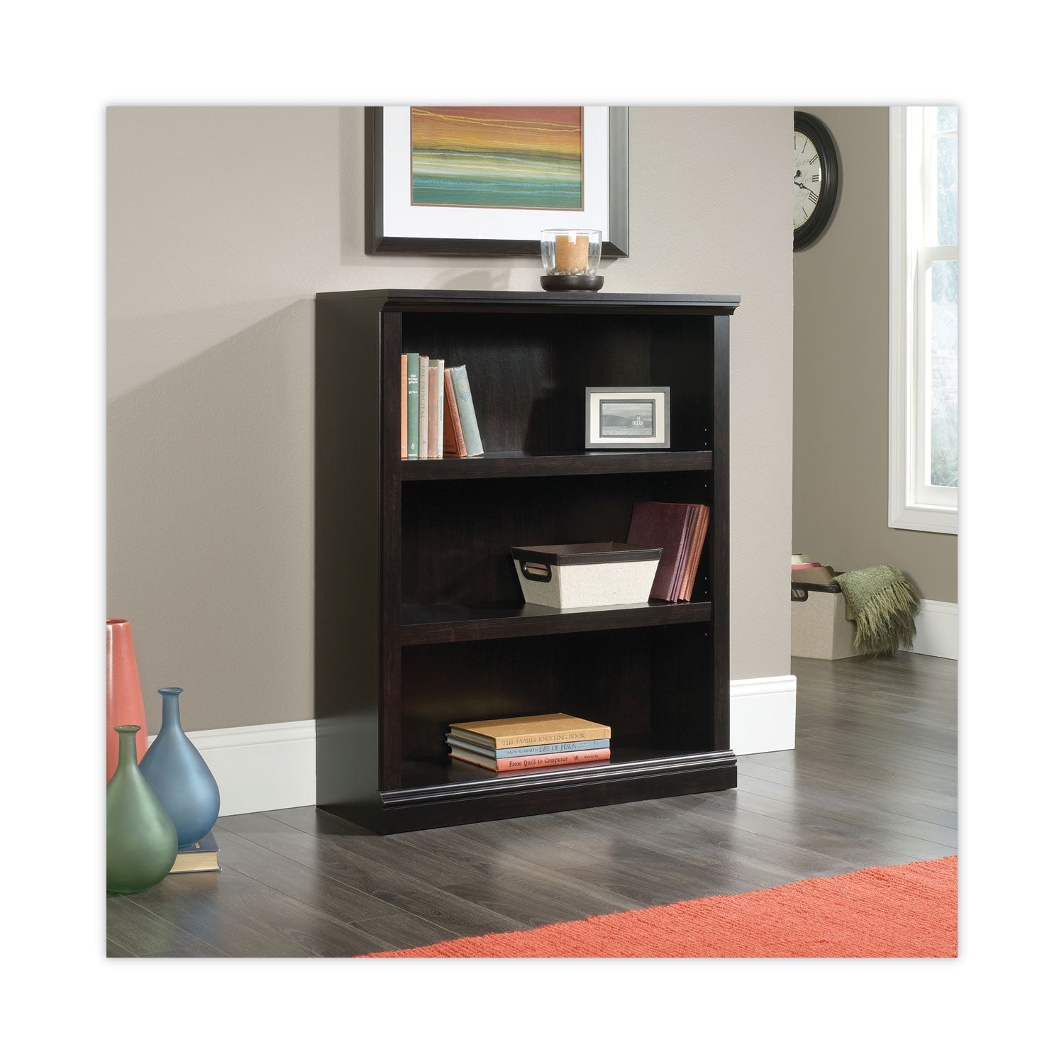Sauder® Select Collection Bookcase, Three-Shelf, 35.37w x 13.22d x 69.76h, Estate Black - Bloom Skins