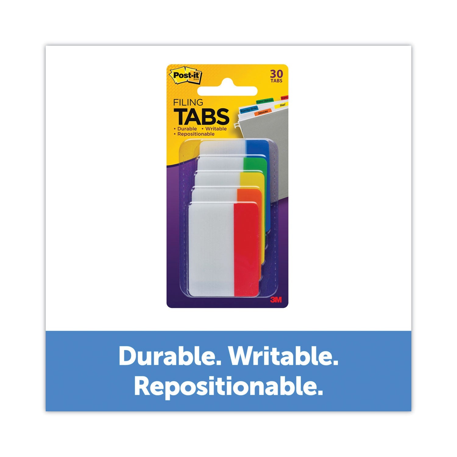 Post-it® Tabs Solid Color Tabs, 1/5-Cut, Assorted Colors, 2" Wide, 30/Pack