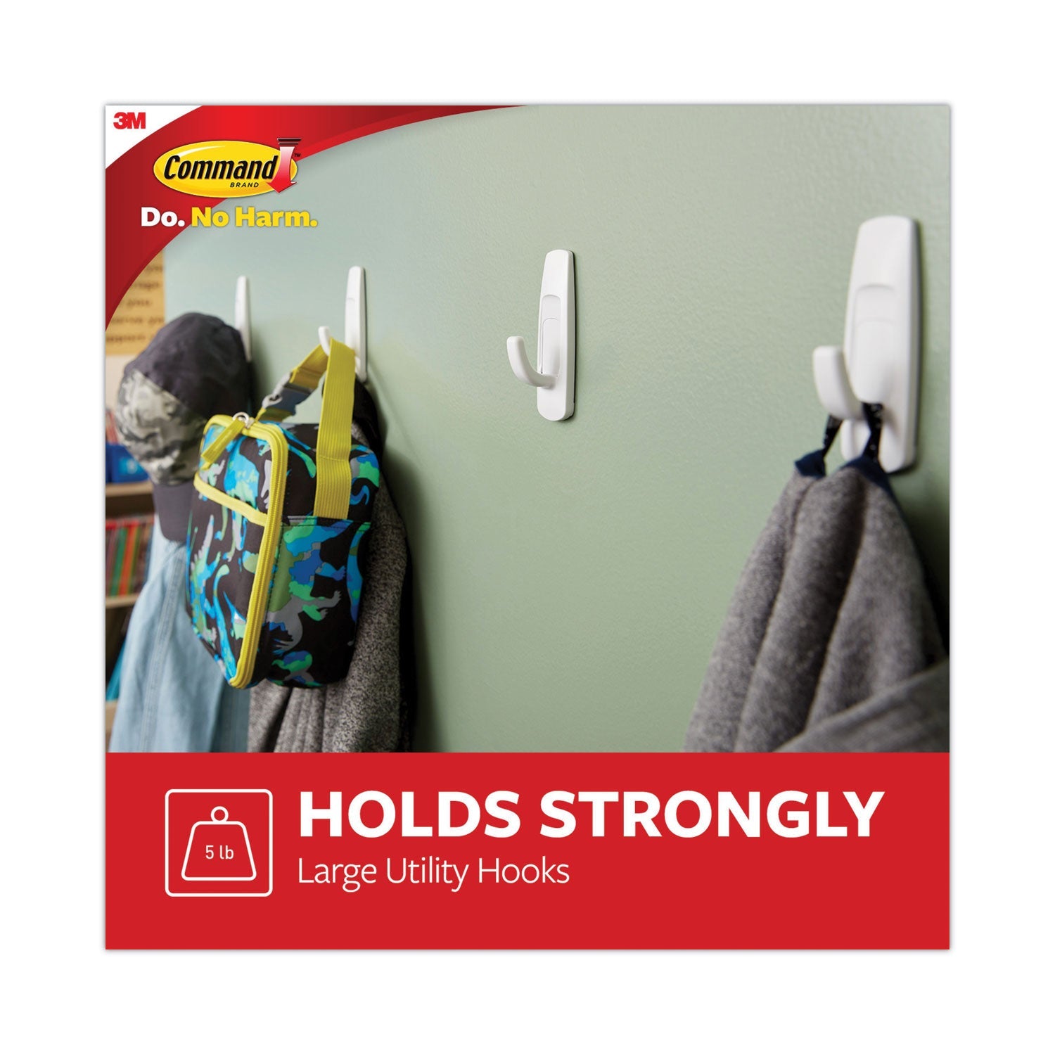 Command™ General Purpose Hooks, Large, Plastic, White, 5 lb Capacity, 1 Hook and 2 Strips/Pack
