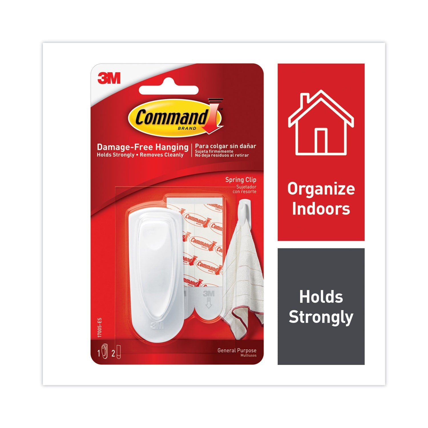 Command™ Spring Hook, Plastic, White, 0.25 lb Capacity, 1 Hook and 2 Strips/Pack