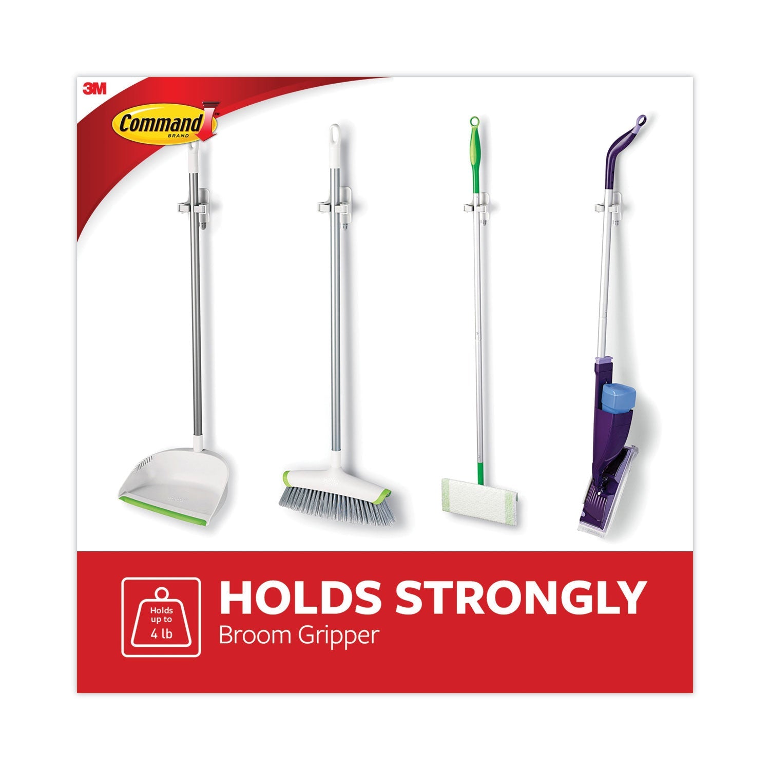 Command™ Broom Gripper, 3.12w x 1.85d x 3.34h, White/Gray, 6 Grippers/16 Strips/Pack