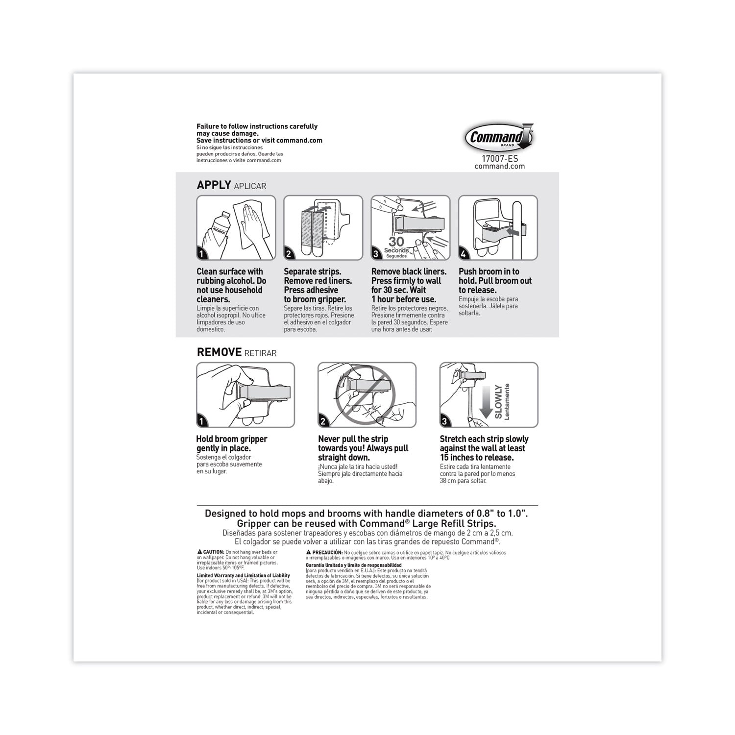 Command™ Broom Gripper, 3.12w x 1.85d x 3.34h, White/Gray, 6 Grippers/16 Strips/Pack