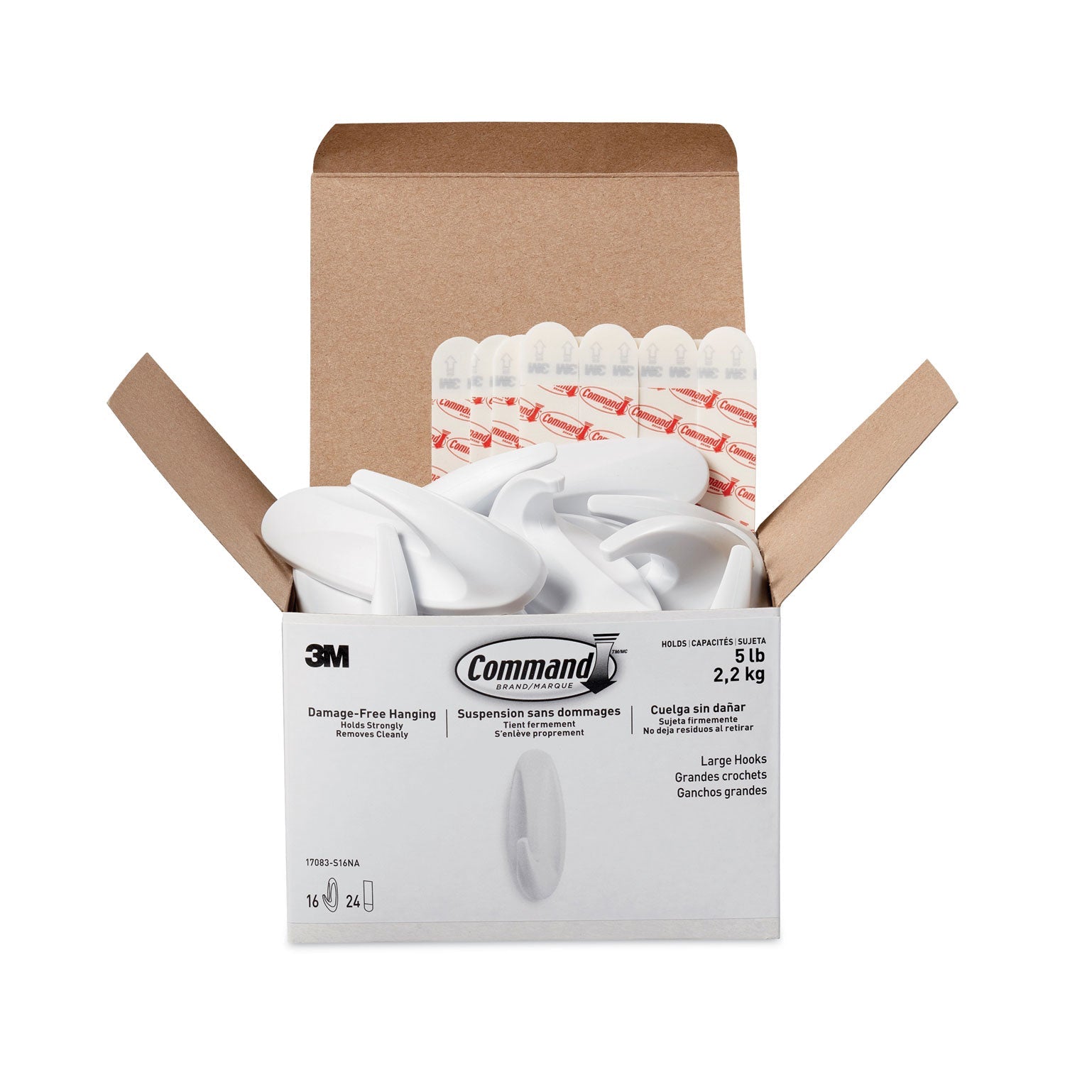 Command™ Designer Hooks, Large, Plastic, White, 5 lb Capacity, 16 Hooks and 24 Strips/Pack