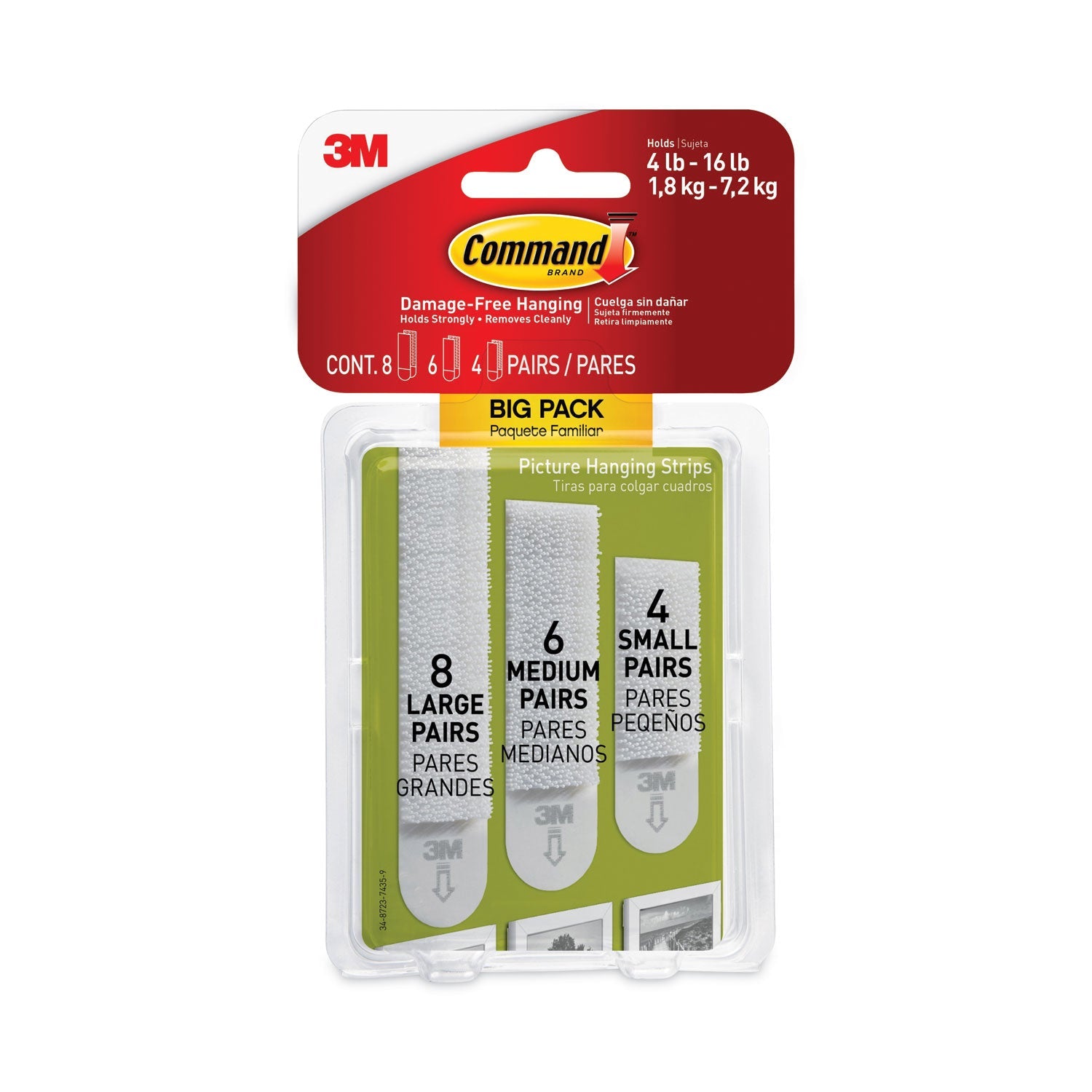 Command™ Picture Hanging Strips Big Pack, Removable, (4) Small, (6) Medium, (8) Large, White, 18 Pairs/pack