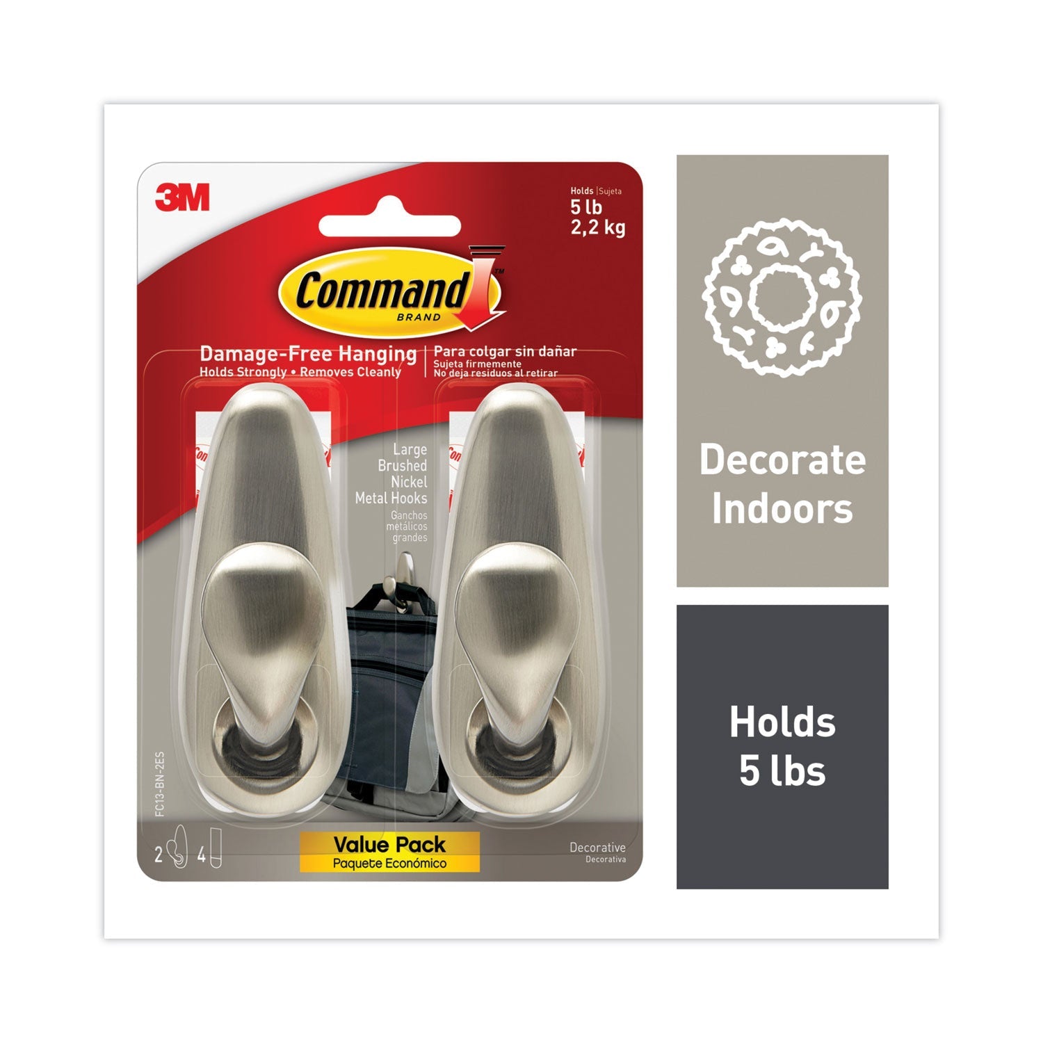 Command Adhesive Mount Metal Hook | Large Nickel