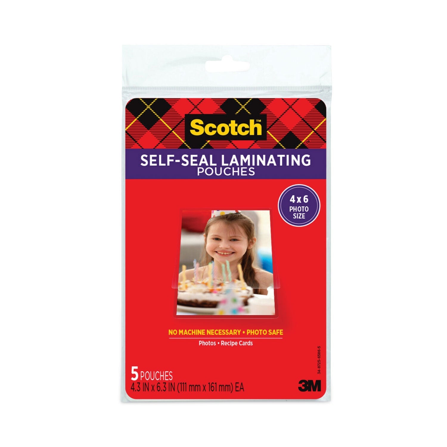 Scotch™ Self-Sealing Laminating Pouches, 9.5 Mil, 4.38" X 6.38", Gloss Clear, 5/pack