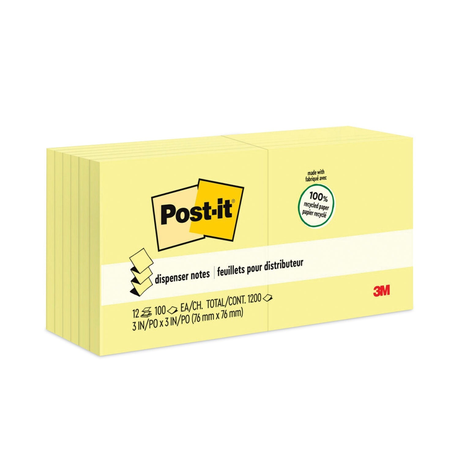 Post-it® Greener Notes Original Recycled Pop-up Notes, 3" x 3", Canary Yellow, 100 Sheets/Pad, 12 Pads/Pack