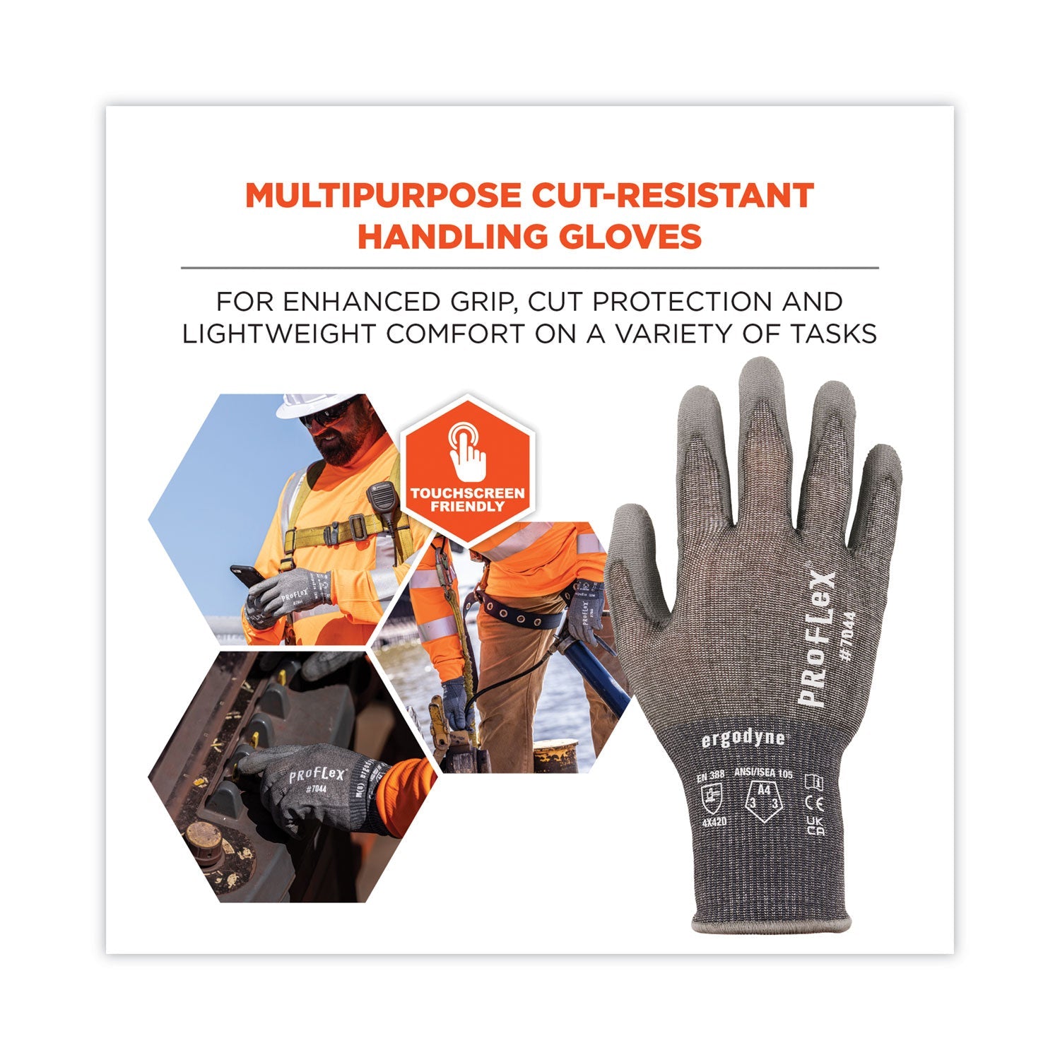 ergodyne® ProFlex 7044 ANSI A4 PU Coated CR Gloves, Gray, Medium, 12 Pairs/Pack
