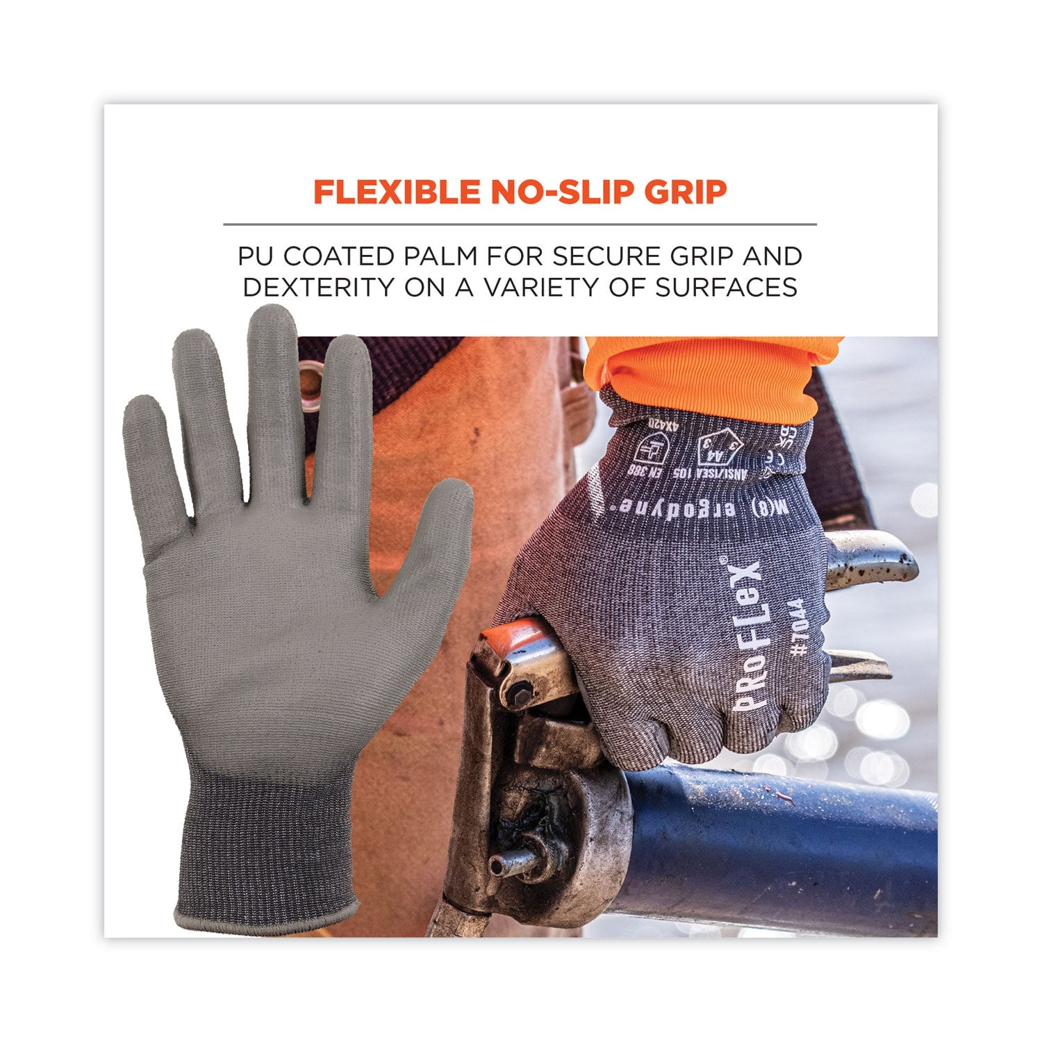ergodyne® ProFlex 7044 ANSI A4 PU Coated CR Gloves, Gray, Medium, 12 Pairs/Pack
