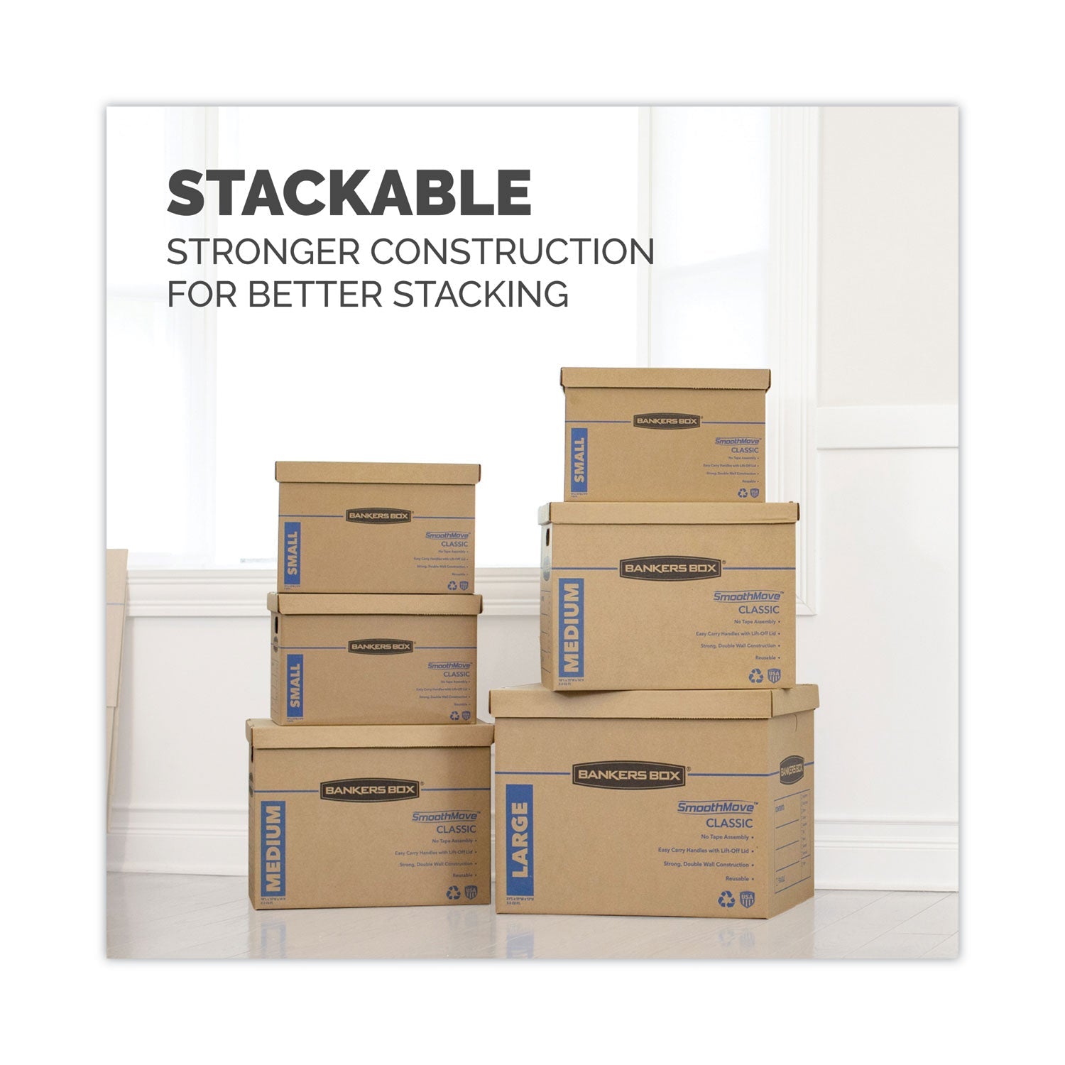 Bankers Box® SmoothMove Classic Moving/Storage Boxes, Half Slotted Container (HSC), Medium, 15" x 18" x 14", Brown/Blue, 8/Carton