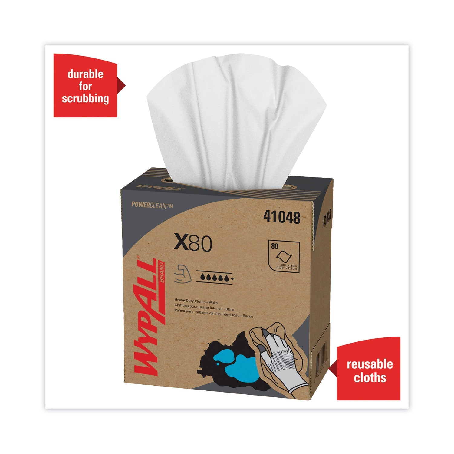 WypAll® X80 Cloths, HYDROKNIT, POP-UP Box, 8.34 x 16.8, White, 80/Box, 5 Boxes/Carton