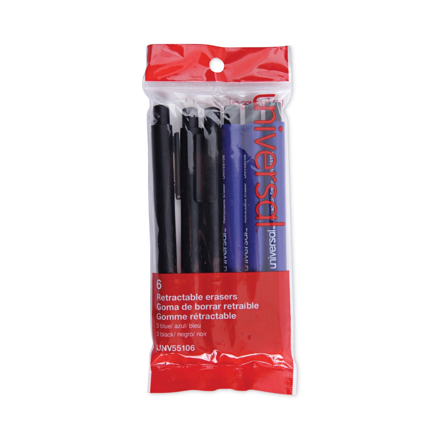 Universal® Pen-Style Retractable Eraser, For Pencil Marks, White Eraser, Assorted Barrel Colors, 6/pack