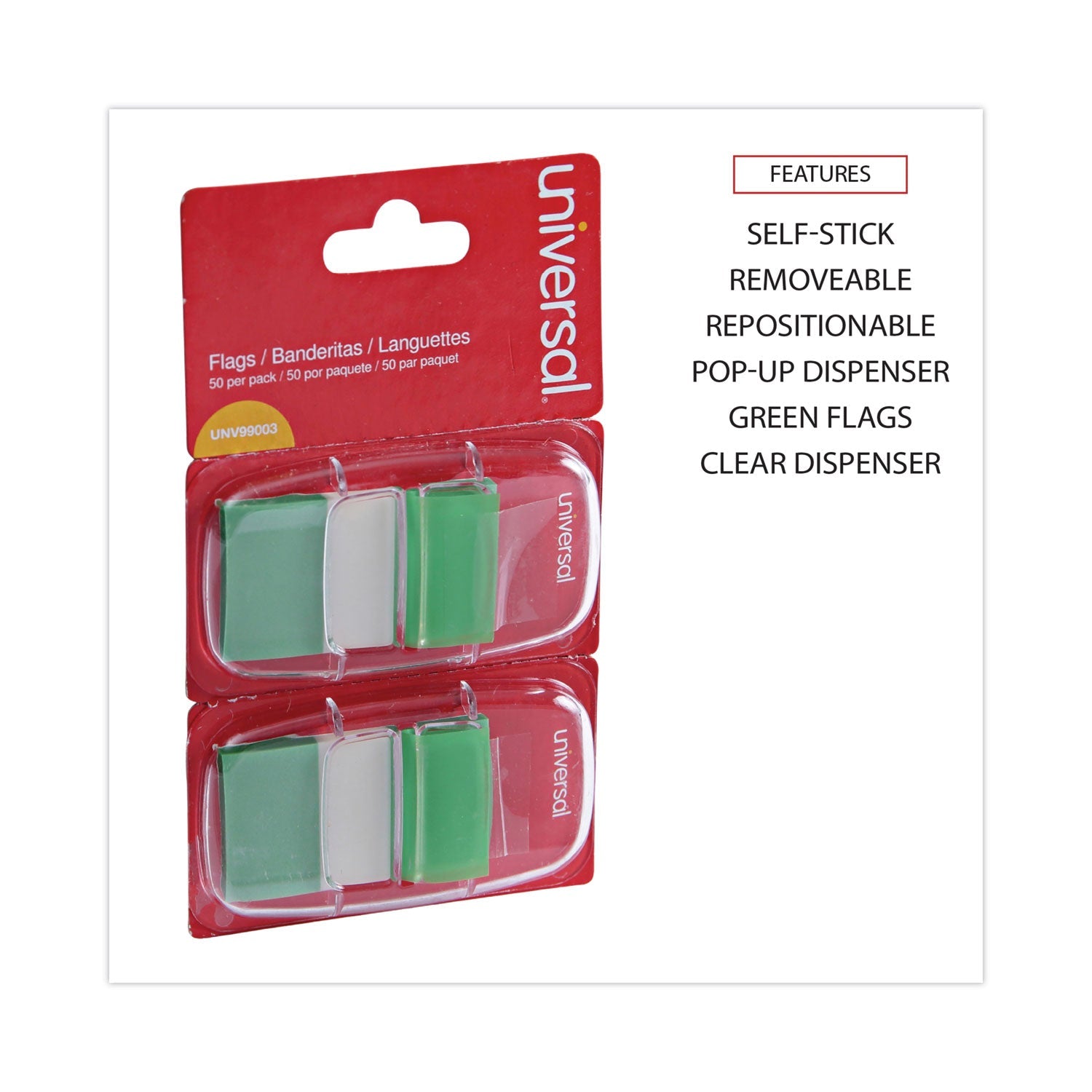Universal® Page Flags, Green, 50 Flags/dispenser, 2 Dispensers/pack
