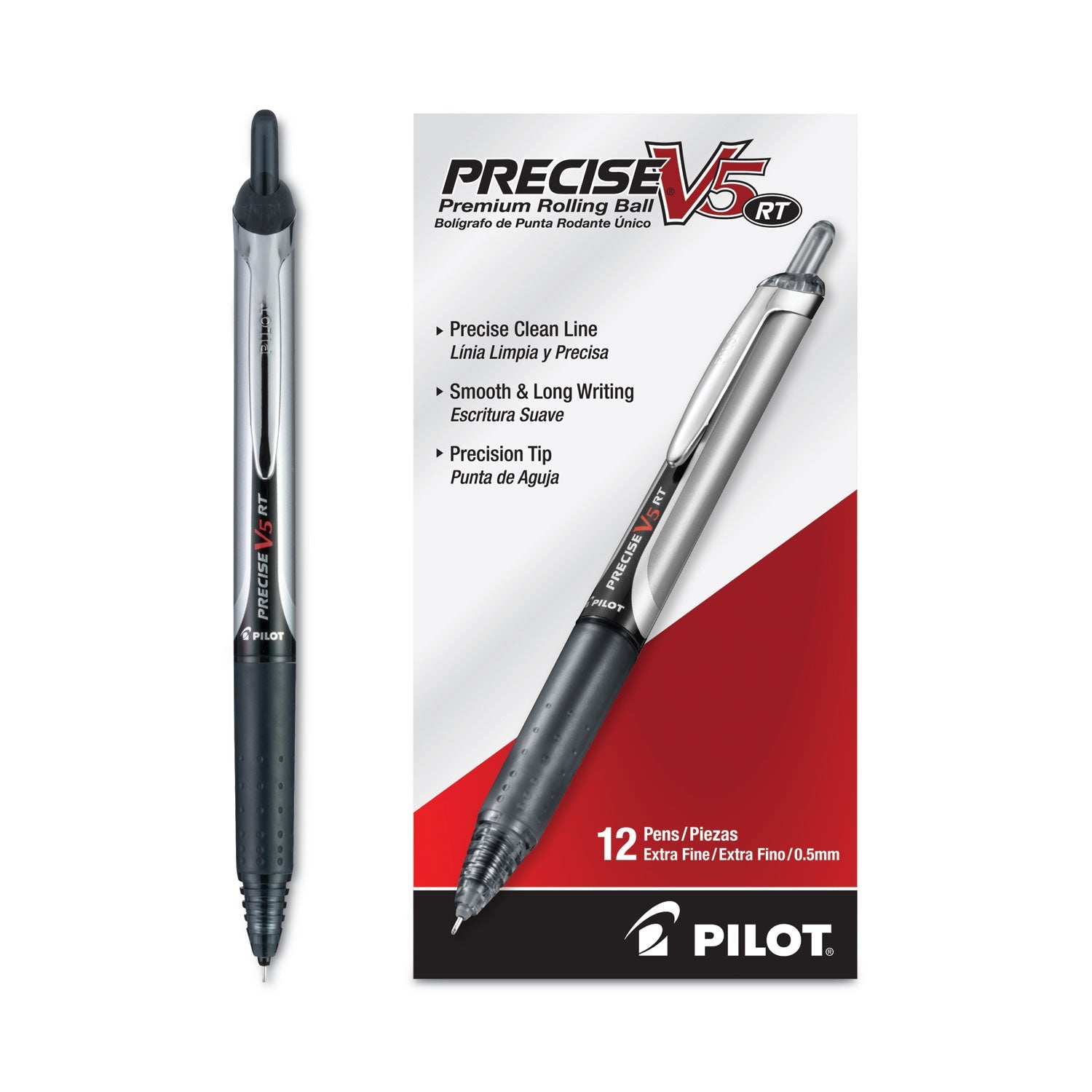Pilot® Precise V5RT Rollerball Pen, Retractable, Extra-Fine 0.5 mm, Black Ink, Black Barrel