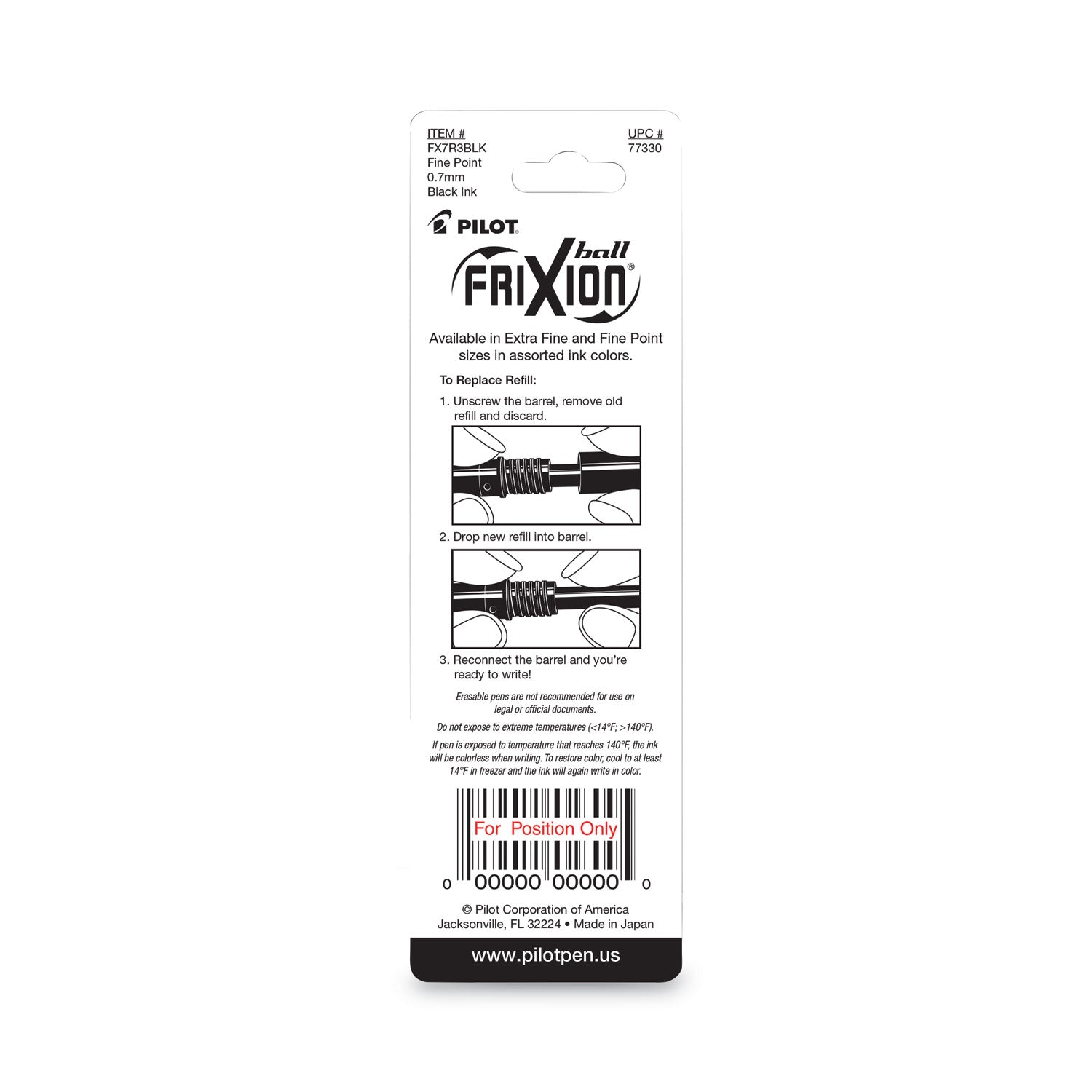Pilot® Refill For Pilot Frixion Erasable, Frixion Ball, Frixion Clicker And Frixion Lx Gel Ink Pens, Fine Tip, Black Ink, 3/pack