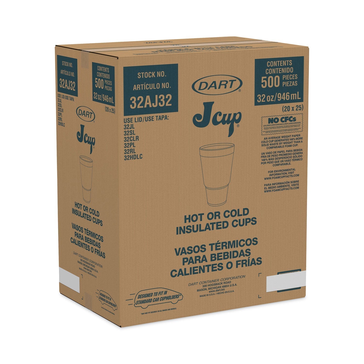 Dart® J Cup Insulated Foam Pedestal Cups, 32 oz, White/Teal, 25/Sleeve, 20 Sleeves/Carton - Bloom Skins