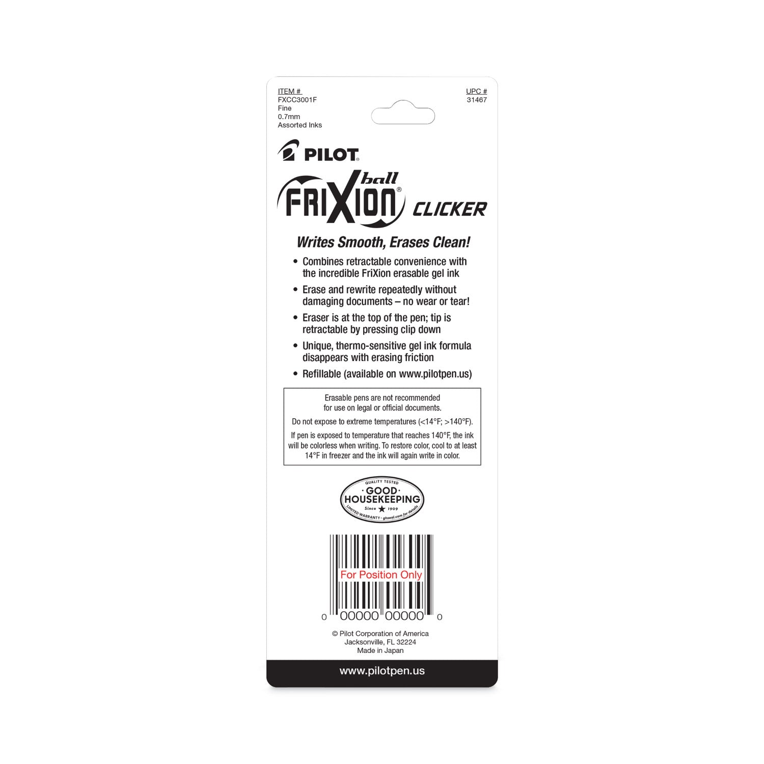 Pilot® FriXion Clicker Erasable Gel Pen, Retractable, Fine 0.7 mm, Assorted Business Ink and Barrel Colors, 3/Pack