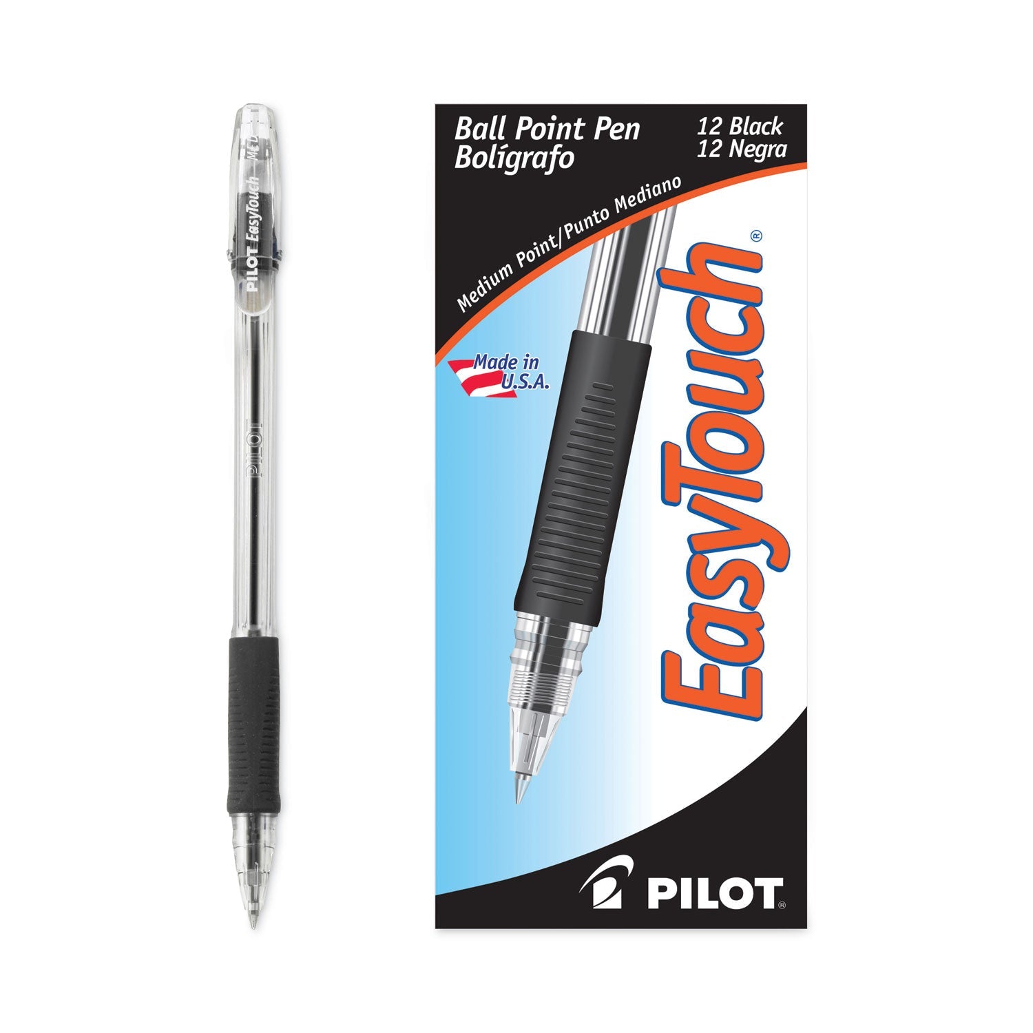 Pilot® EasyTouch Ballpoint Pen, Stick, Medium 1 mm, Black Ink, Clear/Black Barrel, Dozen