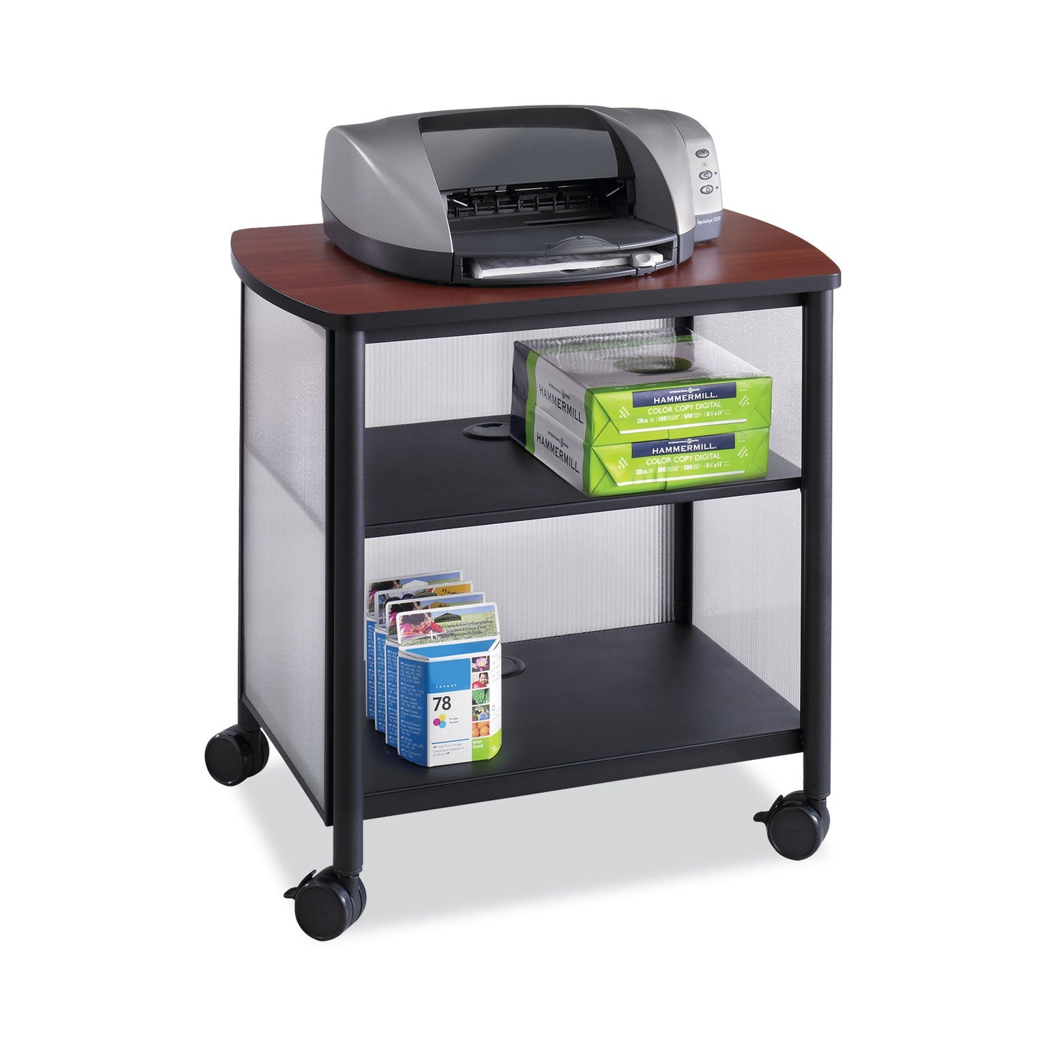 Safco® Impromptu Deskside Machine Stand, Metal, 3 Shelves, 100 lb Capacity, 26.25" x 21" x 26.5", Cherry/White/Black