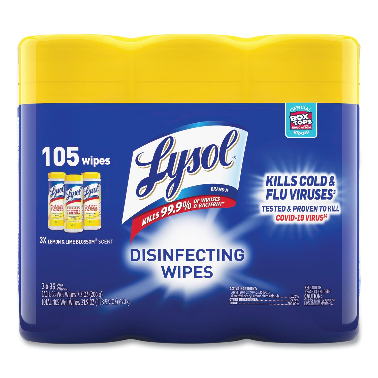 LYSOL® Brand Disinfecting Wipes, 1-Ply, 7 x 7.25, Lemon and Lime Blossom, White, 35 Wipes/Canister, 3 Canisters/Pack