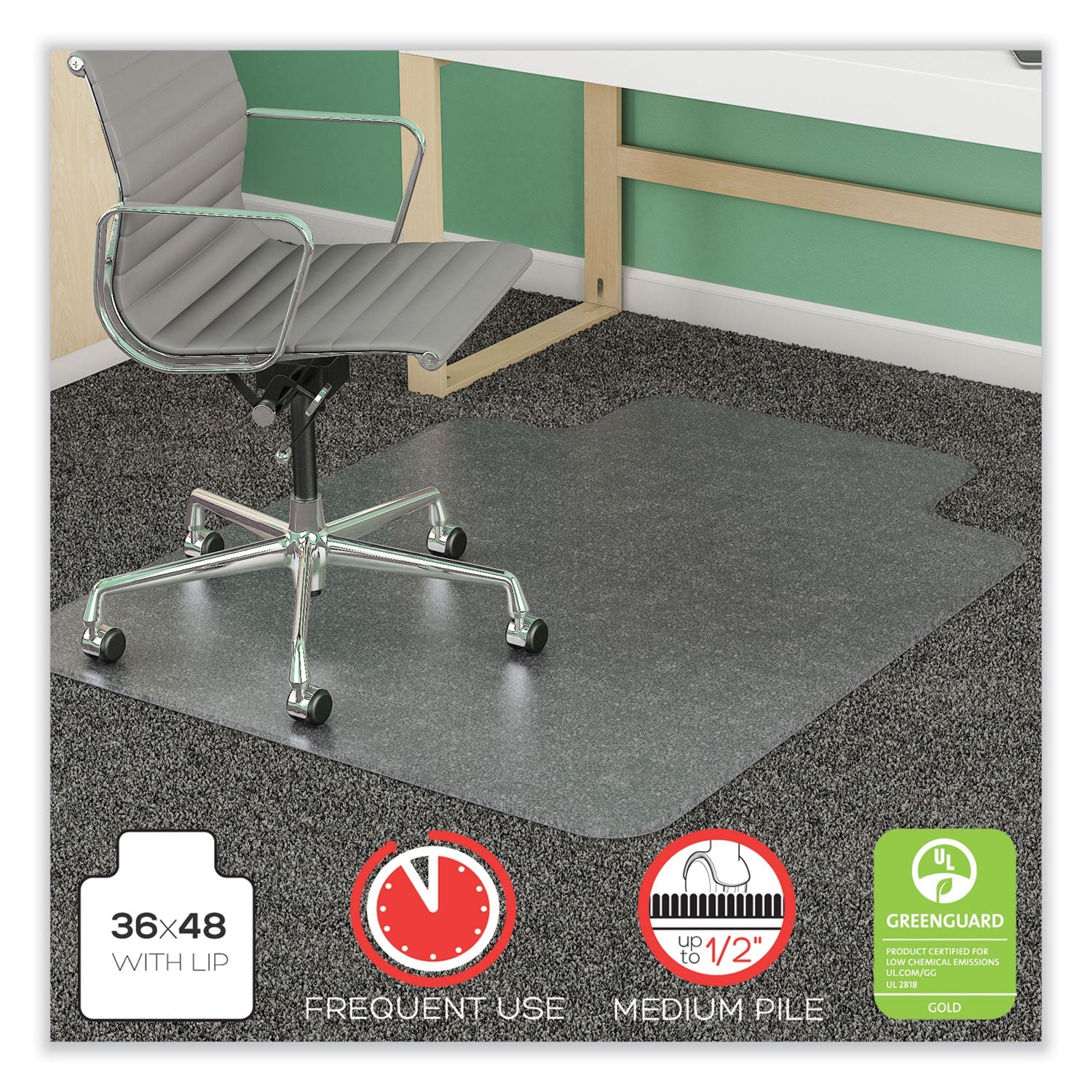 deflecto® Supermat Frequent Use Chair Mat, Med Pile Carpet, Roll, 36 X 48, Lipped, Clear