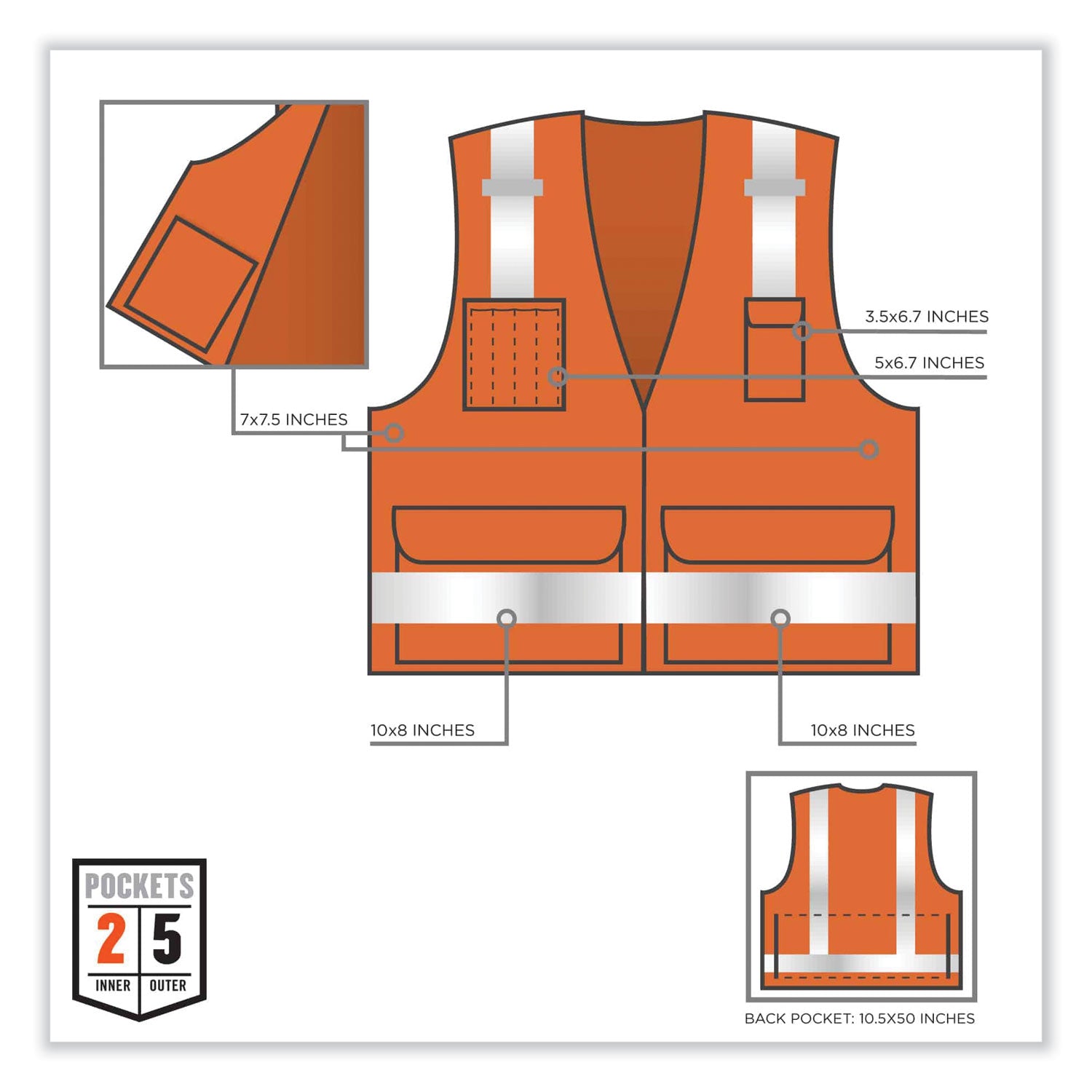 ergodyne® GloWear 8250Z Class 2 Surveyors Zipper Vest, Polyester, 4X-Large/5X-Large, Orange