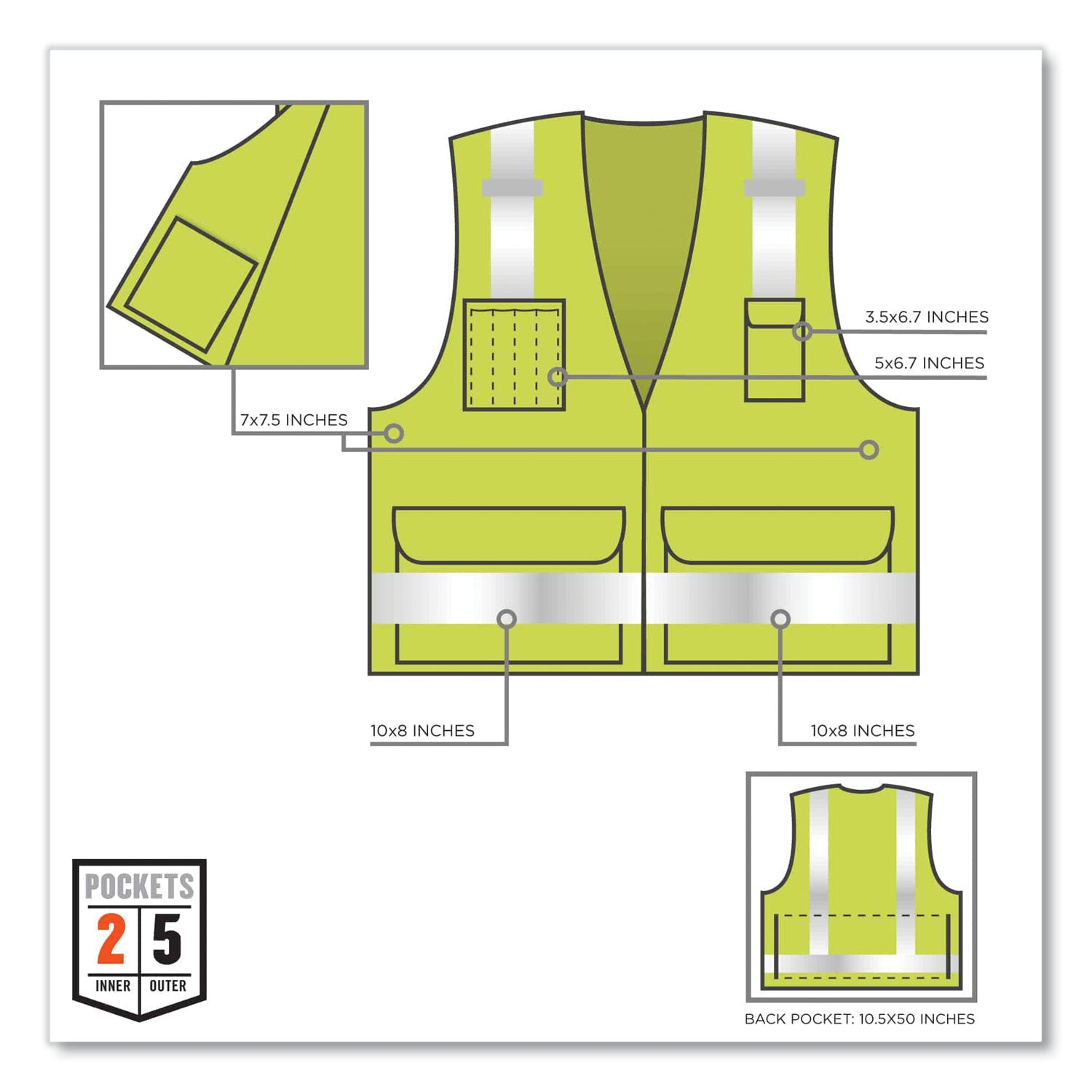 ergodyne® GloWear 8250Z Class 2 Surveyors Zipper Vest, Polyester, 4X-Large/5X-Large, Lime