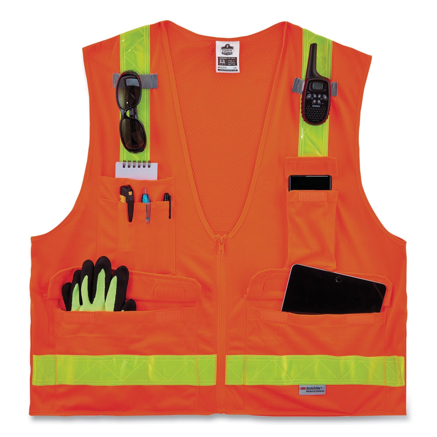 ergodyne® GloWear 8250ZHG Class 2 Hi-Gloss Surveyors Zipper Vest, Polyester, 2X-Large/3X-Large, Orange