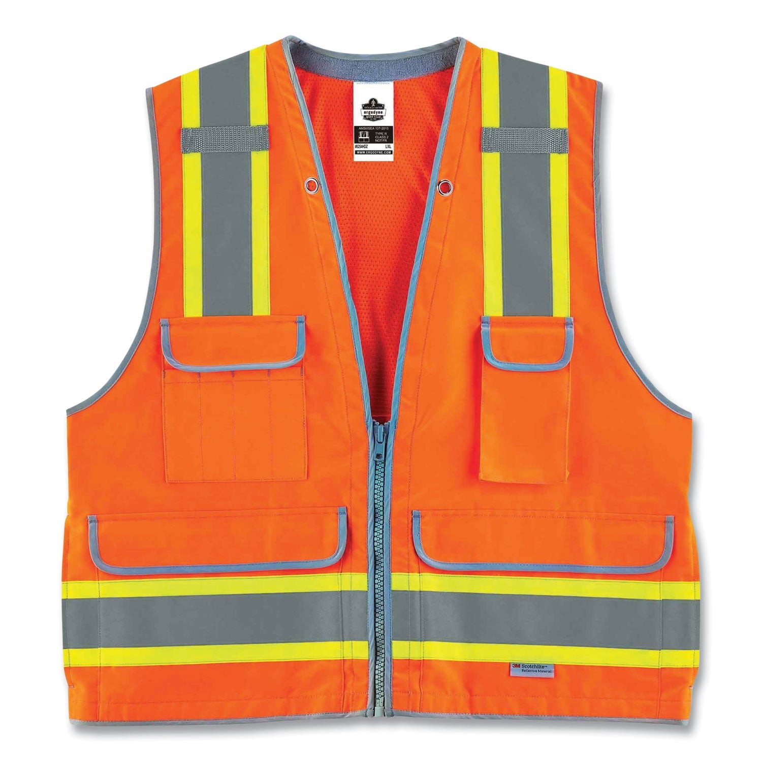 ergodyne® GloWear 8254HDZ Class 2 Heavy-Duty Surveyors Zipper Vest, Polyester, 2X-Large/3X-Large, Orange