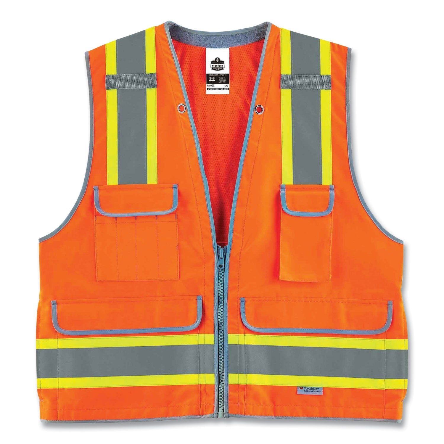 ergodyne® GloWear 8254HDZ Class 2 Heavy-Duty Surveyors Zipper Vest, Polyester, 4X-Large/5X-Large, Orange