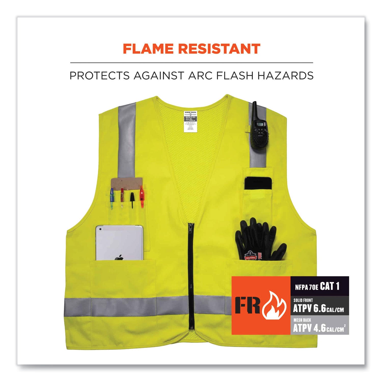 ergodyne® GloWear 8262FRZ Class 2 FR Surveyor Zipper Vest, Tencel/Modacrylic/Para-aramid/Kevlar, Large/X-Large, Lime