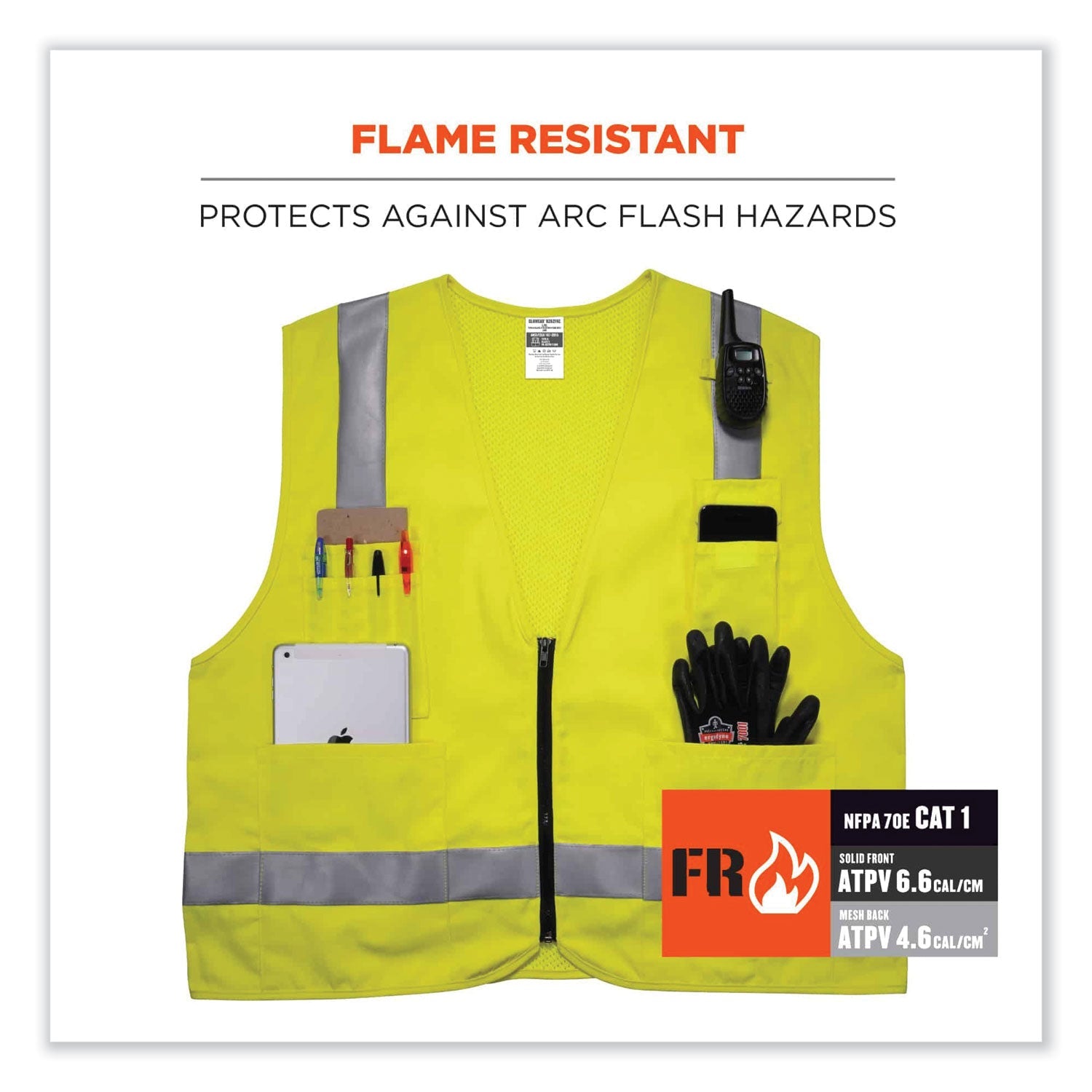 ergodyne® GloWear 8262FRZ Class 2 FR Surveyor Zip Vest, Tencel/Modacrylic/Para-aramid/Kevlar, 2X-Large/3X-Large, Lime