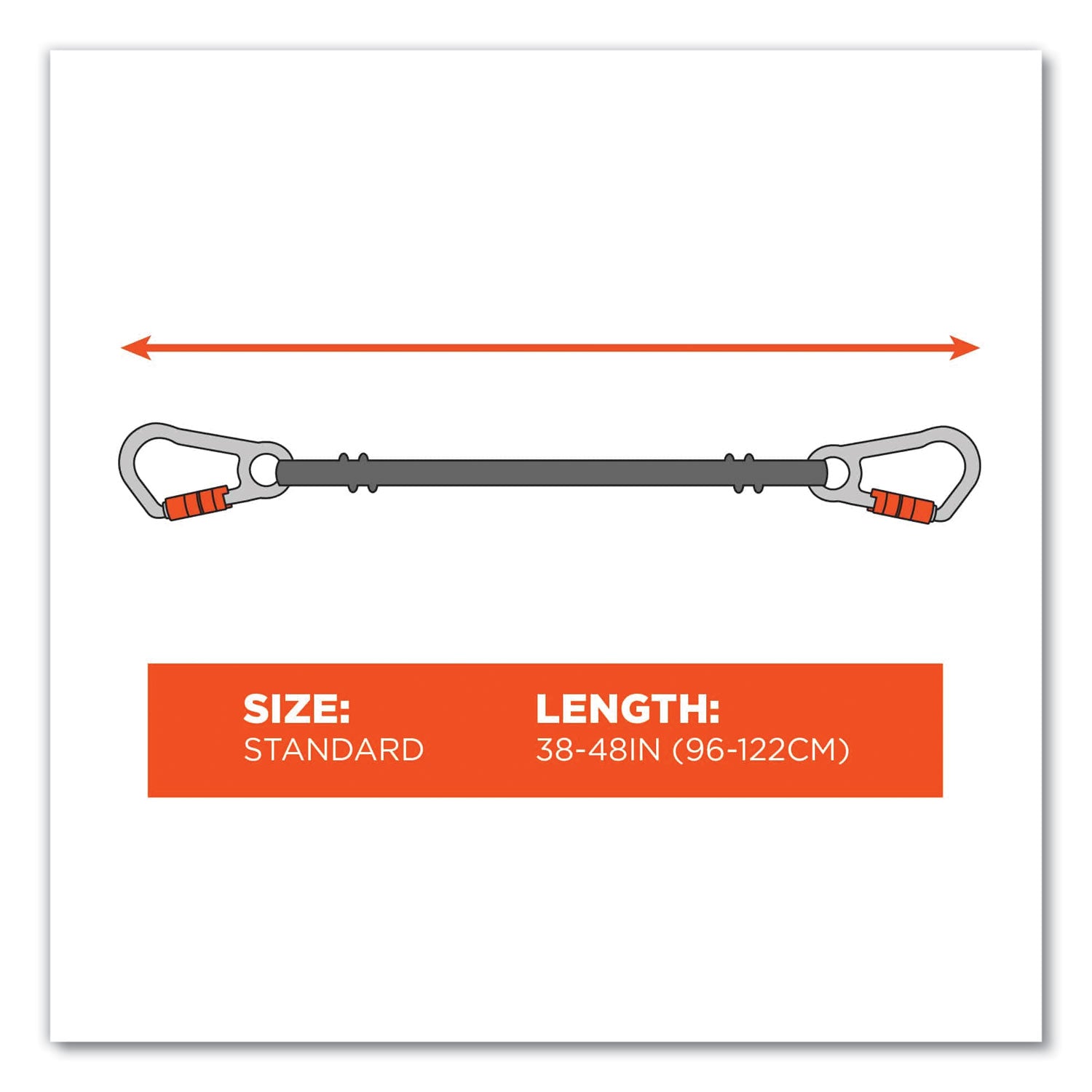 ergodyne® Squids 3111F(x) Tool Lanyard with Stainless Steel Carabiners,15 lb Max Working Capacity, 38" to 48" Long, Orange/Gray