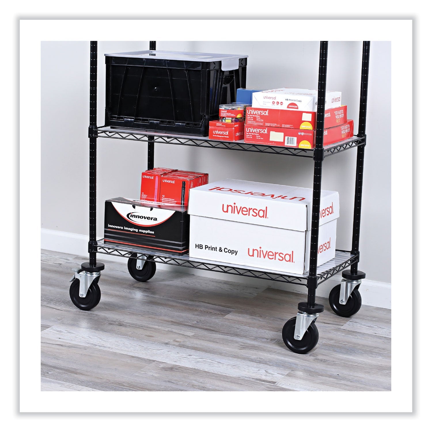 Alera® Optional Casters for Wire Shelving, Hooded Design with Integrated Bumpers, Grip Ring Stem, 5" Wheel, Black, 4/Set (2 Locking)