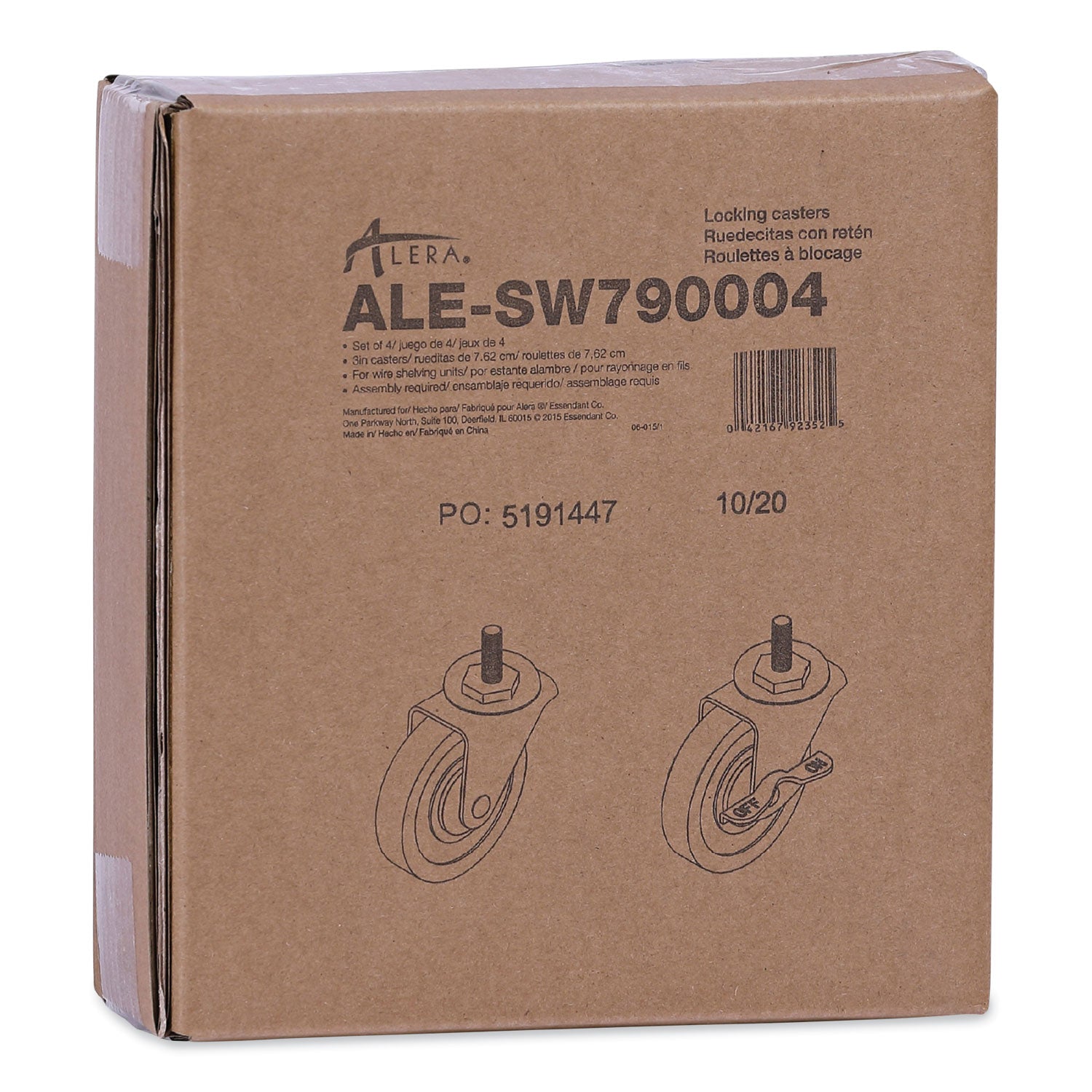 Alera® Optional Casters for Wire Shelving, Grip Ring Stem, 3" Wheel, Black, 4/Set (2 Locking)