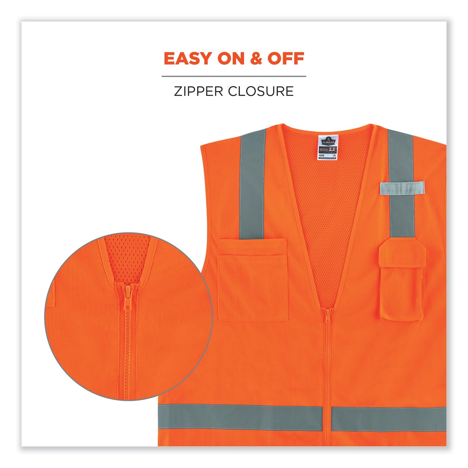 ergodyne® GloWear 8249Z Class 2 Economy Surveyors Zipper Vest, Polyester, X-Small, Orange
