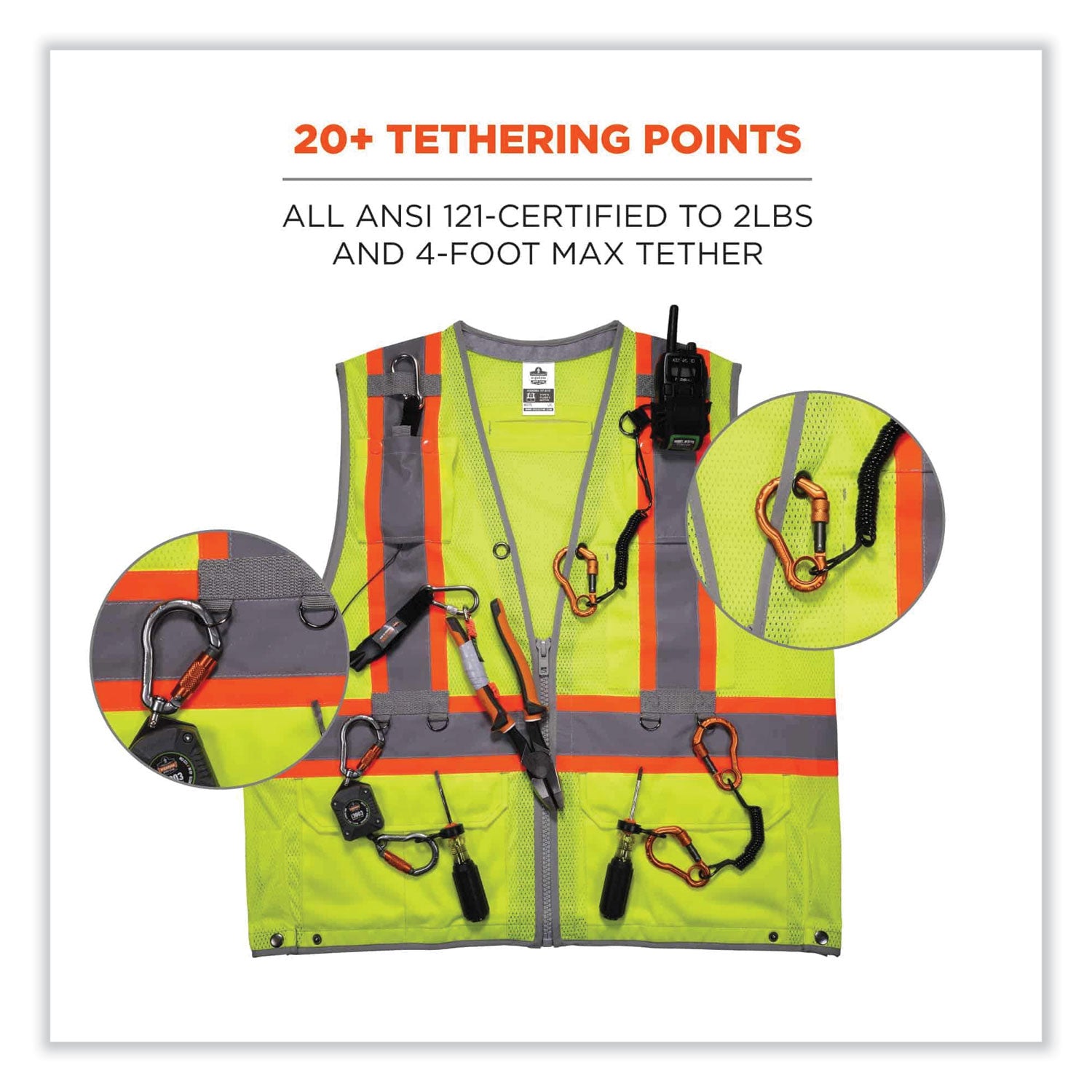 ergodyne® GloWear 8231TV Class 2 Hi-Vis Tool Tethering Safety Vest, Polyester, Small/Medium, Lime