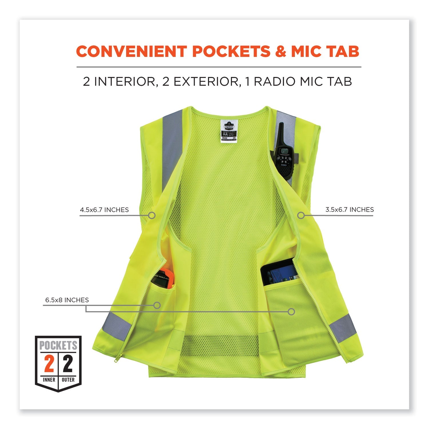 ergodyne® GloWear 8249Z-S Single Size Class 2 Economy Surveyors Zipper Vest, Polyester, 3X-Large, Lime