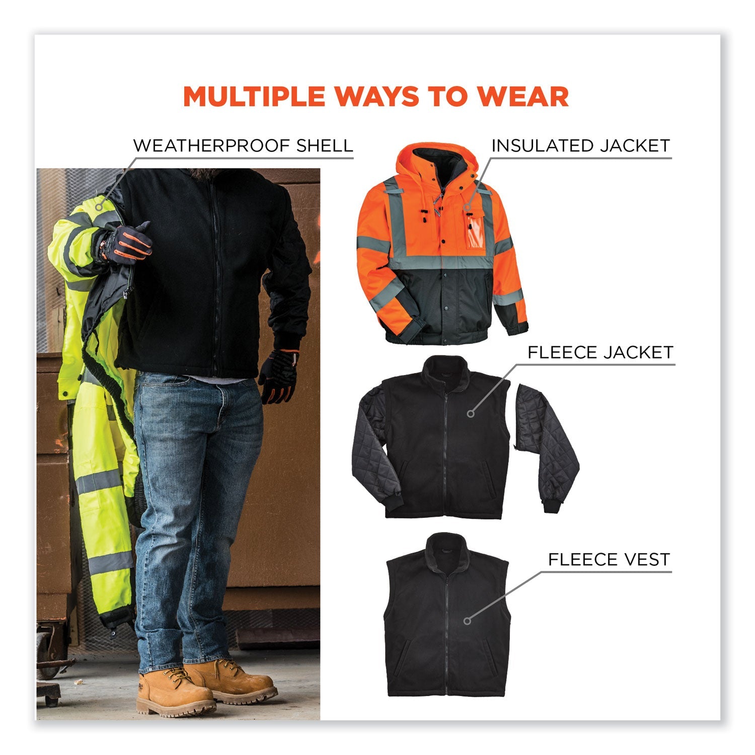 ergodyne® GloWear 8381 Class 3 Hi-Vis 4-in-1 Quilted Bomber Jacket, Orange, X-Large