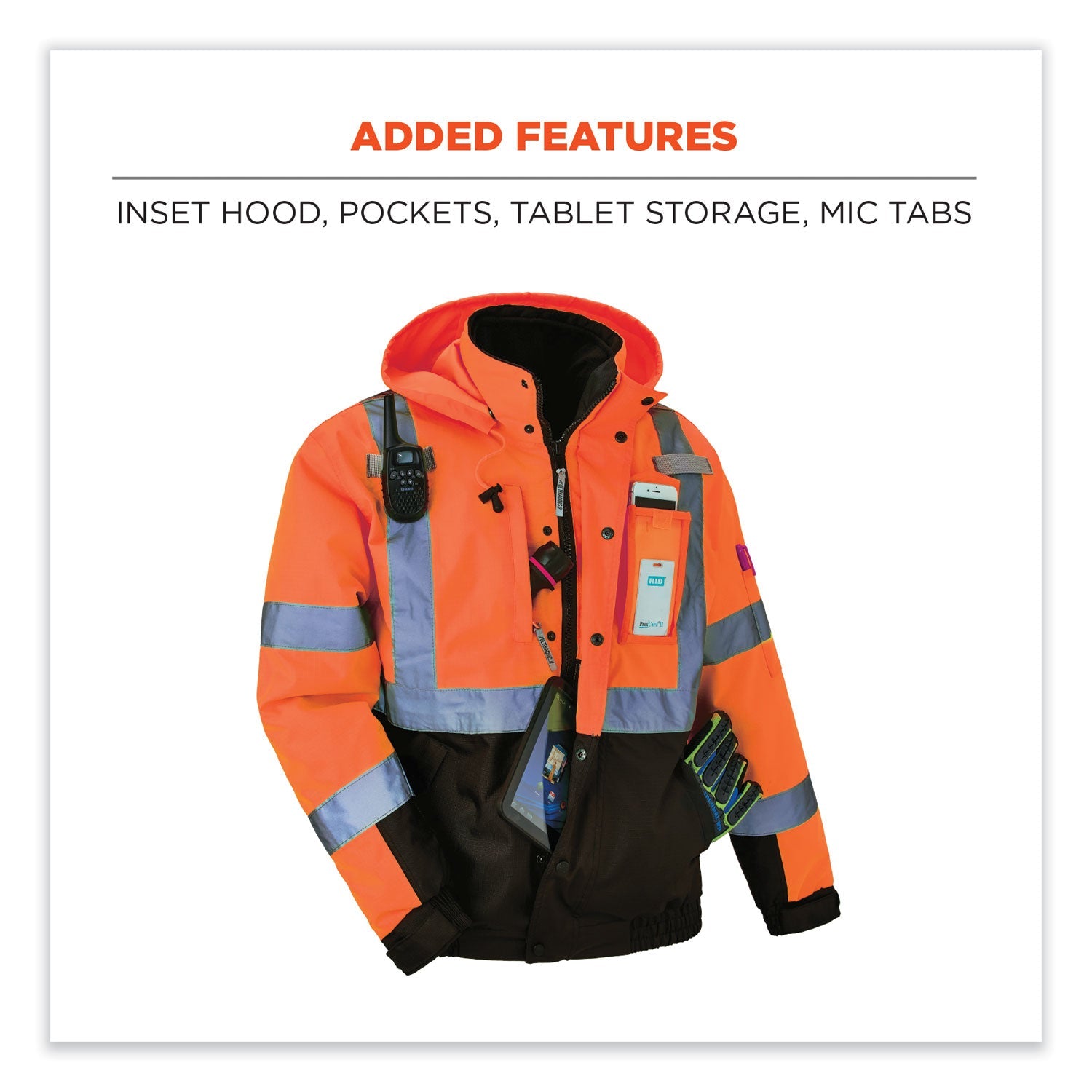 ergodyne® GloWear 8381 Class 3 Hi-Vis 4-in-1 Quilted Bomber Jacket, Orange, X-Large