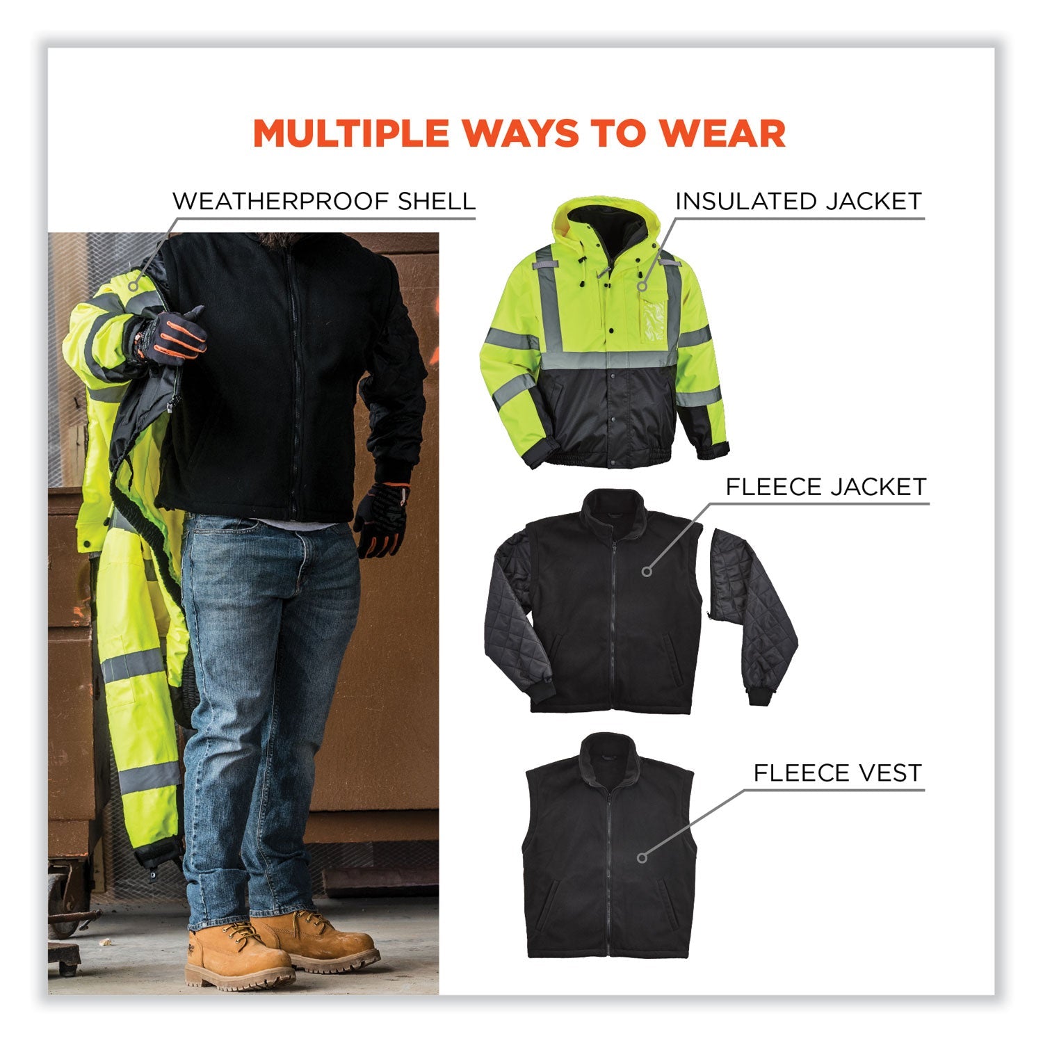 ergodyne® GloWear 8381 Class 3 Hi-Vis 4-in-1 Quilted Bomber Jacket, Lime, 5X-Large