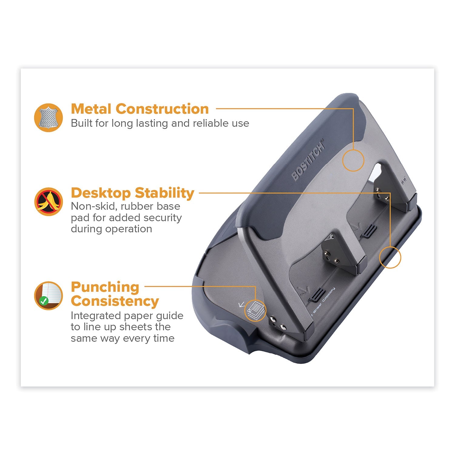 Bostitch® 40-Sheet EZ Squeeze Antimicrobial Protected Heavy-Duty Three-Hole Punch, 9/32" Holes, Gray