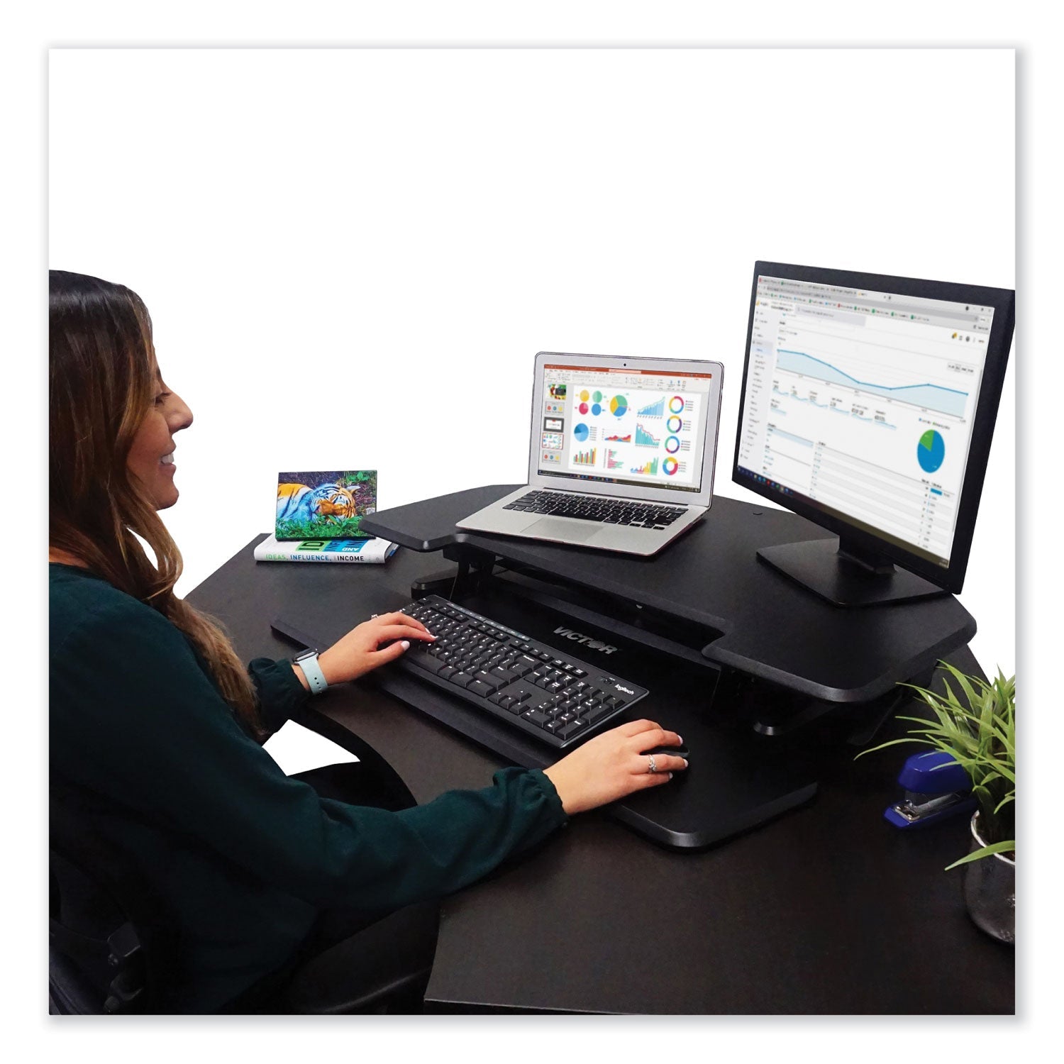 Victor® Height Adjustable Corner Standing Desk with Keyboard Tray, 36 x 20 x 0 to 20, Black