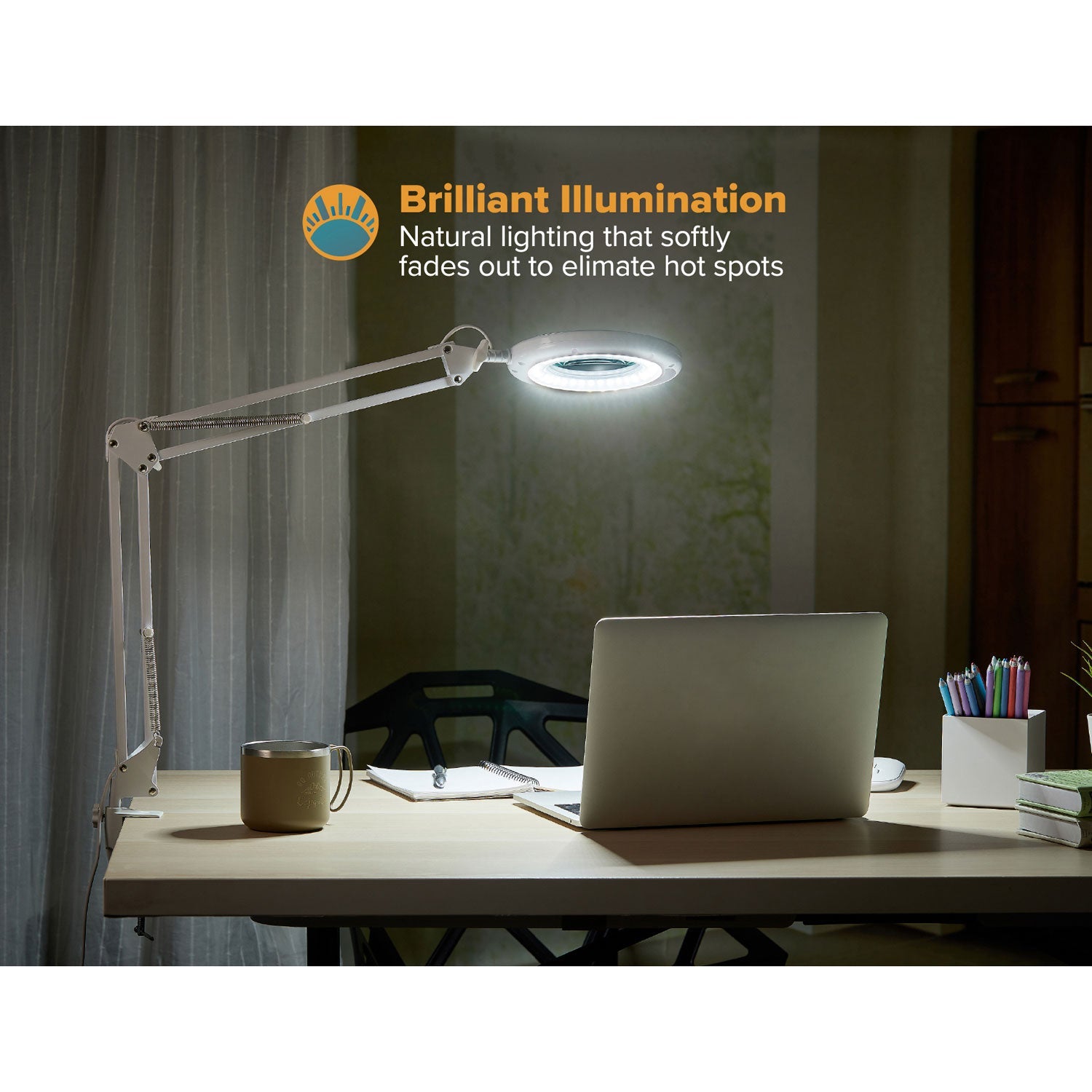 BLACK+DECKER PureOptics LED Magnifying Dimmable Desk Lamp with Clamp Mount, 17"  High, White