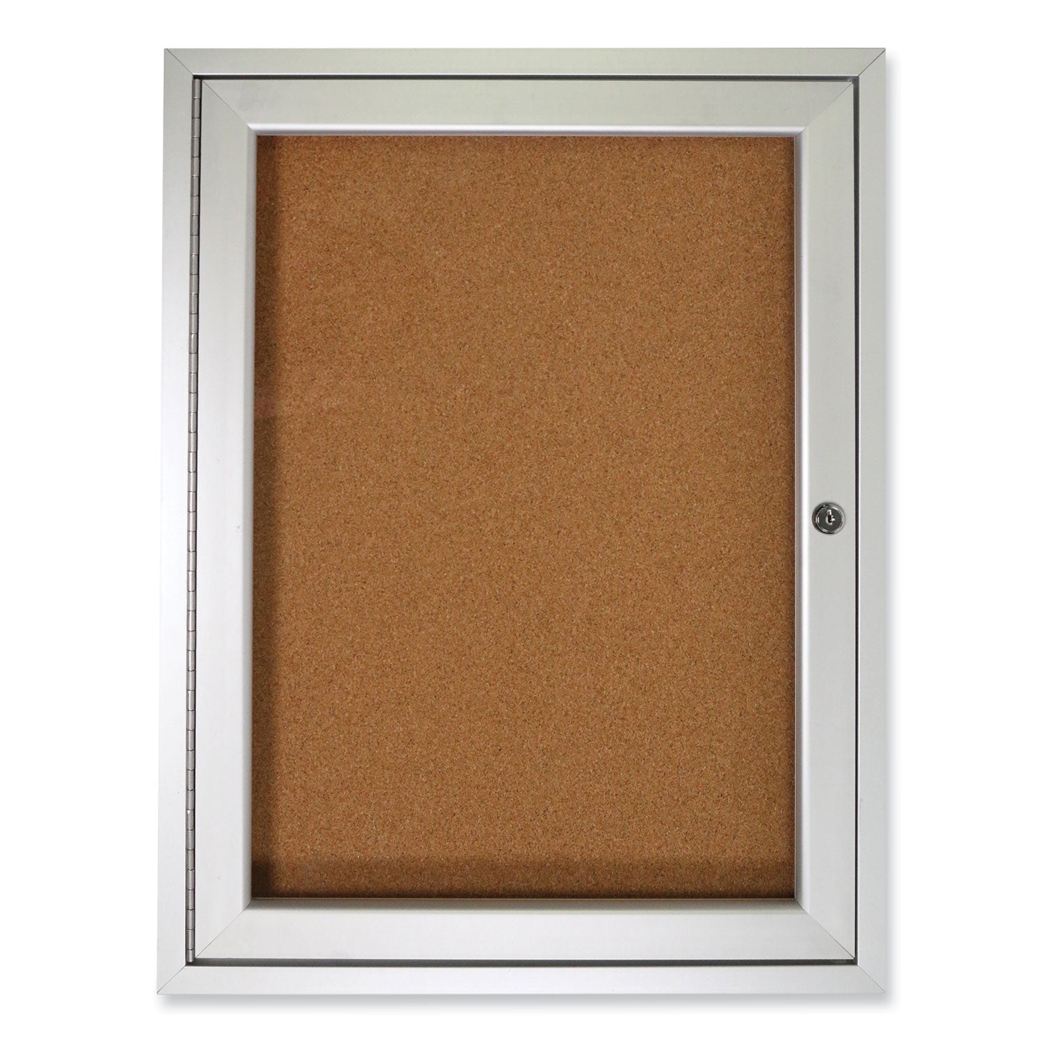 Ghent 1 Door Enclosed Natural Cork Bulletin Board with Satin Frame, 36" x 36", Tan Surface, Satin Aluminum Frame
